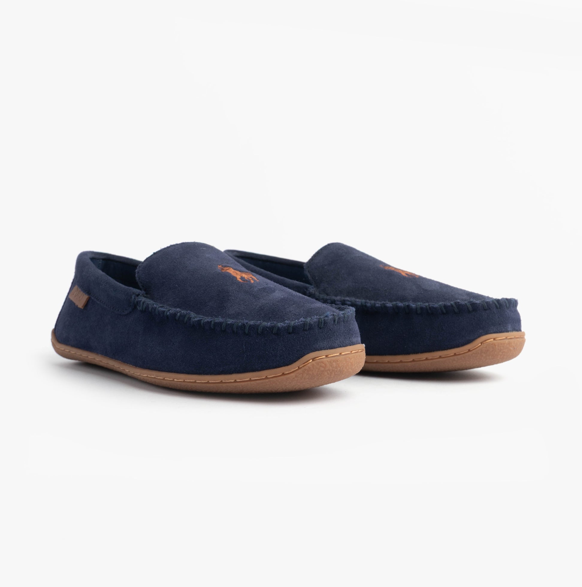 Polo Ralph Lauren BRENAN Logo Mens Dress Suede Slippers Navy side view, showcasing the comfortable moccasin design and round toe.