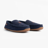 Polo Ralph Lauren BRENAN Logo Mens Dress Suede Slippers Navy side view, showcasing the comfortable moccasin design and round toe.