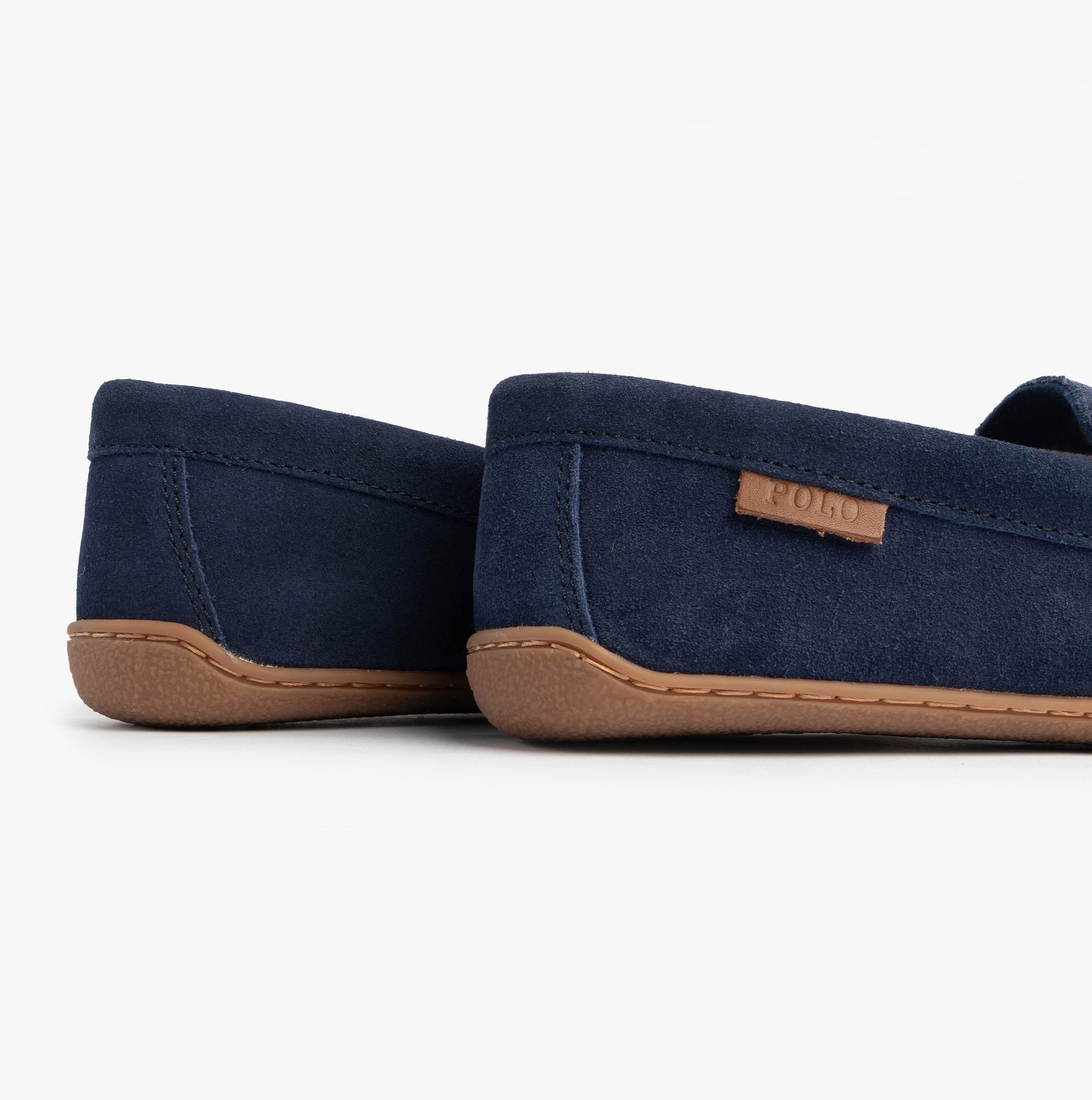 Polo Ralph Lauren BRENAN Logo Mens Dress Suede Slippers Navy side view showing soft suede material and rubber sole.