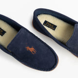 Polo Ralph Lauren BRENAN Logo Mens Dress Suede Slippers Navy top view showing suede material and embossed logo.