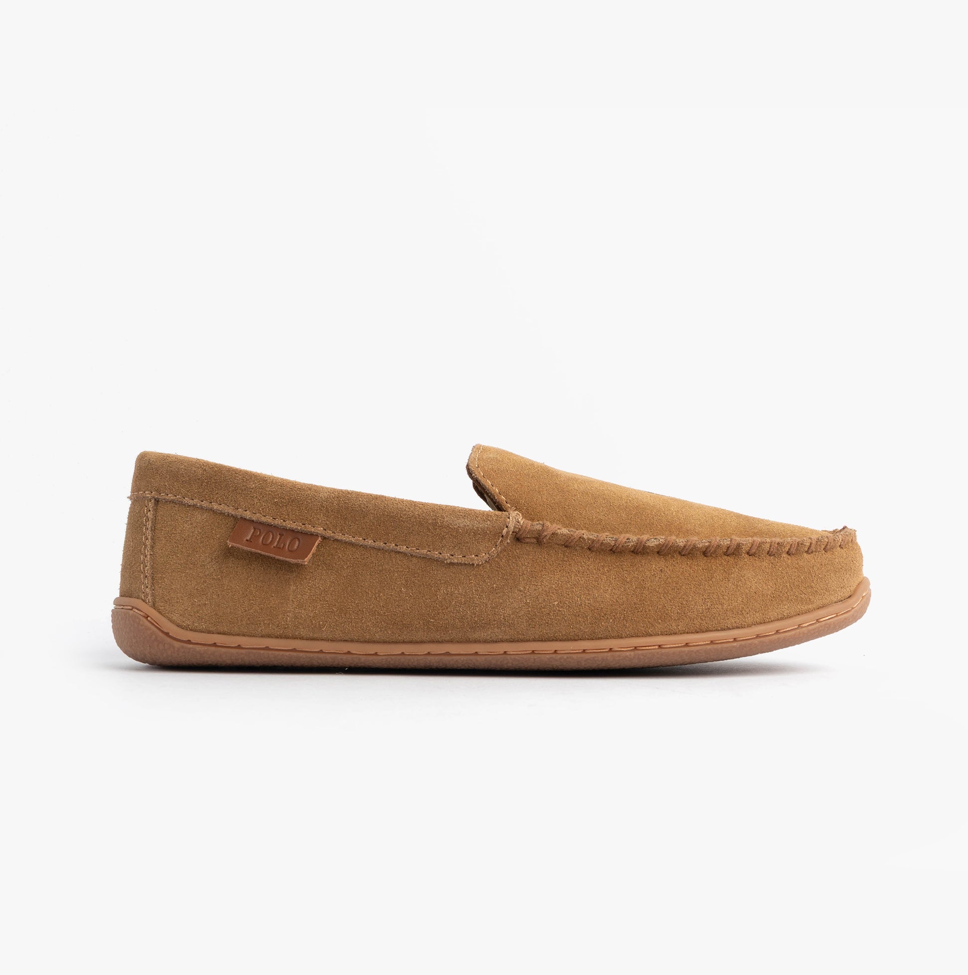 Polo Ralph Lauren BRENAN Logo Mens Dress Suede Slippers Snff Suede/Navy side view showing moccasin style in tan color