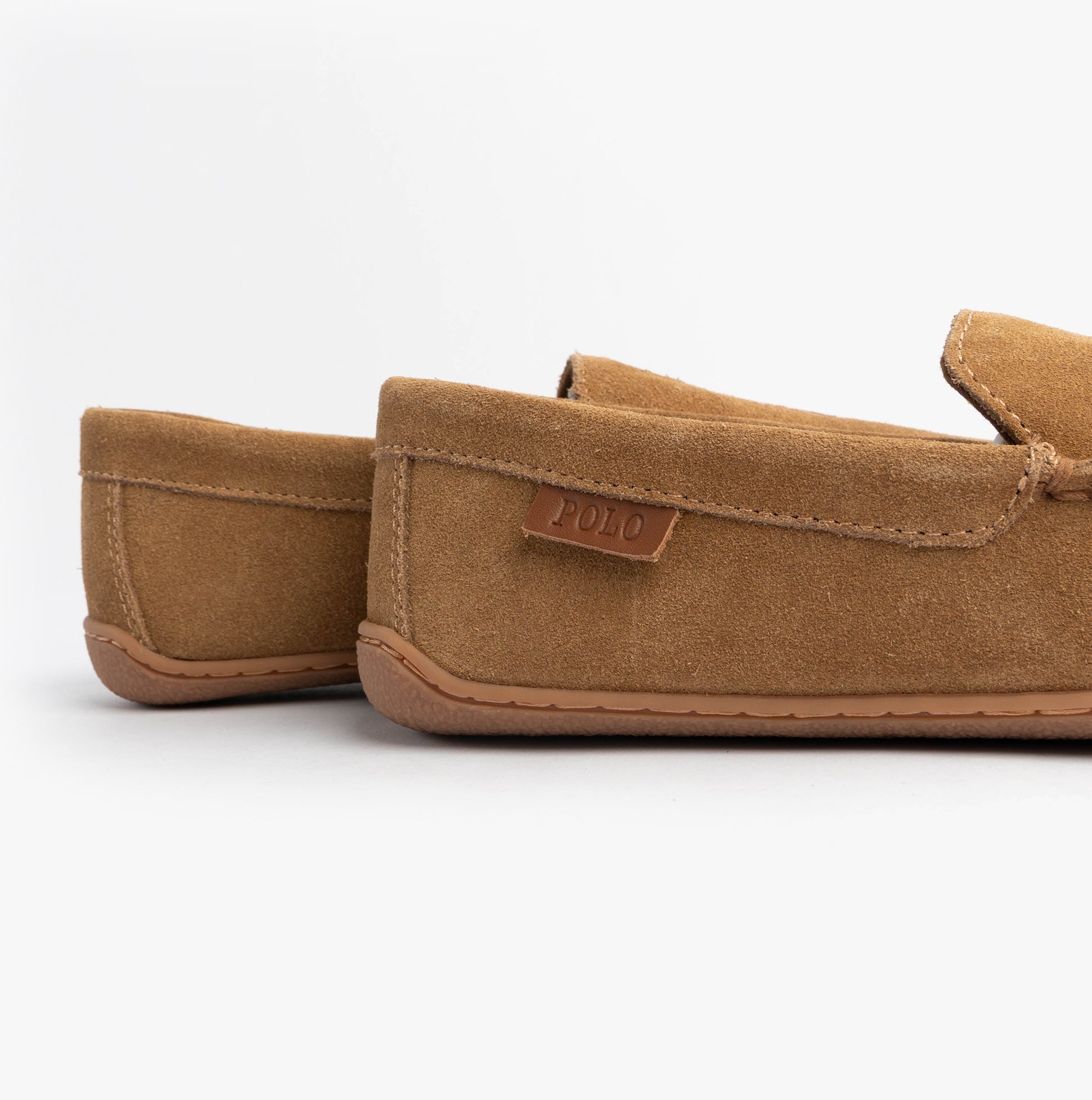 Polo Ralph Lauren BRENAN Logo Mens Dress Suede Slippers Snff Suede/Navy side view showcasing soft leather and suede material.