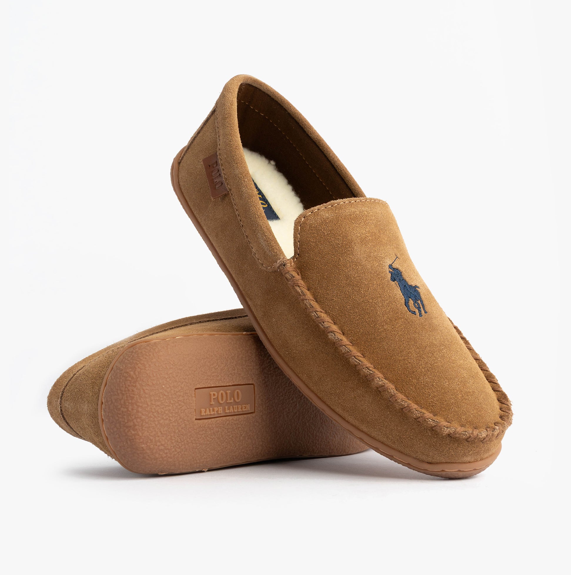 Polo Ralph Lauren BRENAN Logo Mens Dress Suede Slippers Snff Suede/Navy side view featuring logo and soft interior.
