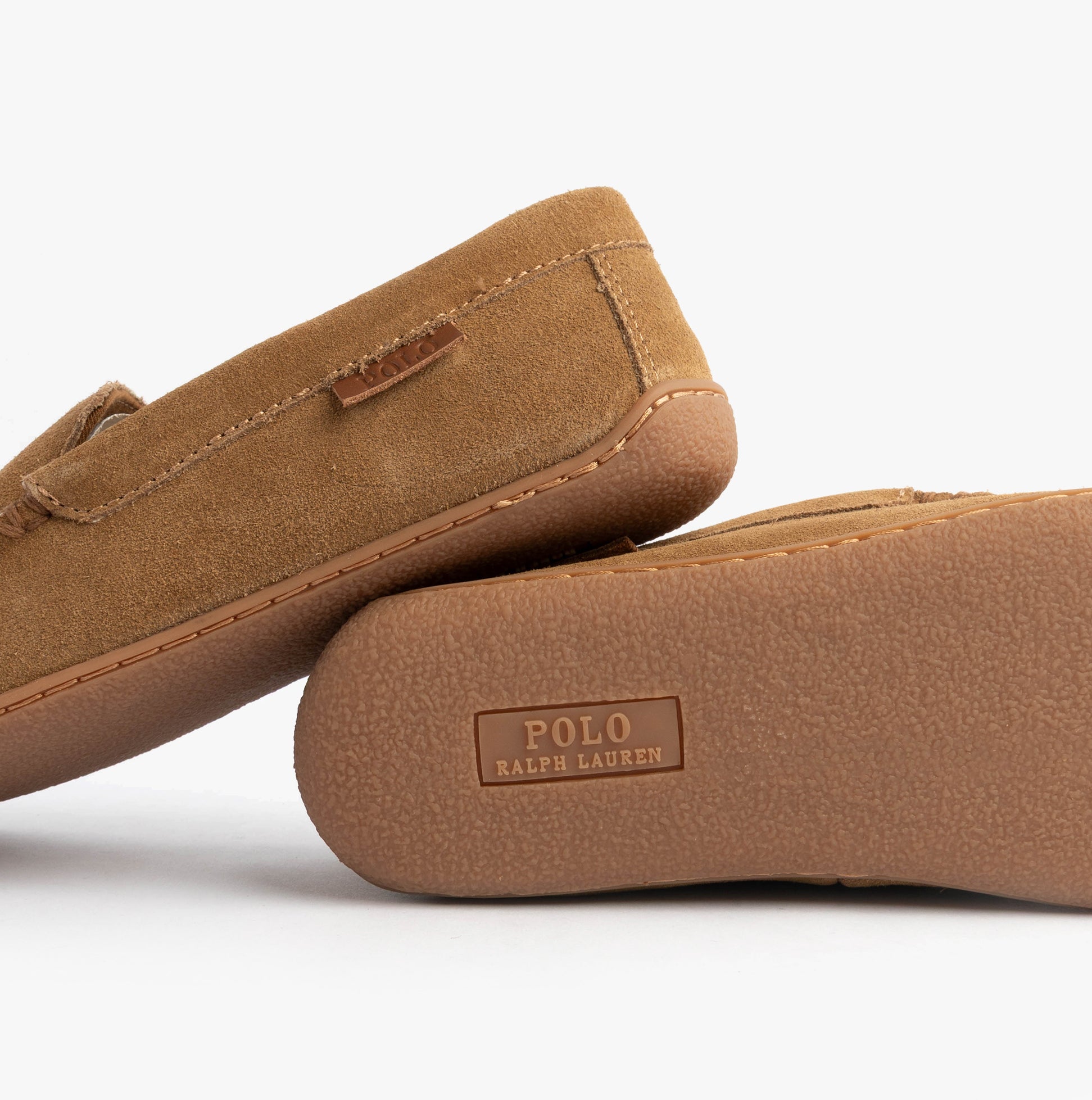 Polo Ralph Lauren BRENAN Logo Mens Dress Suede Slippers Snff Suede/Navy side view, showing soft suede upper and rubber sole.