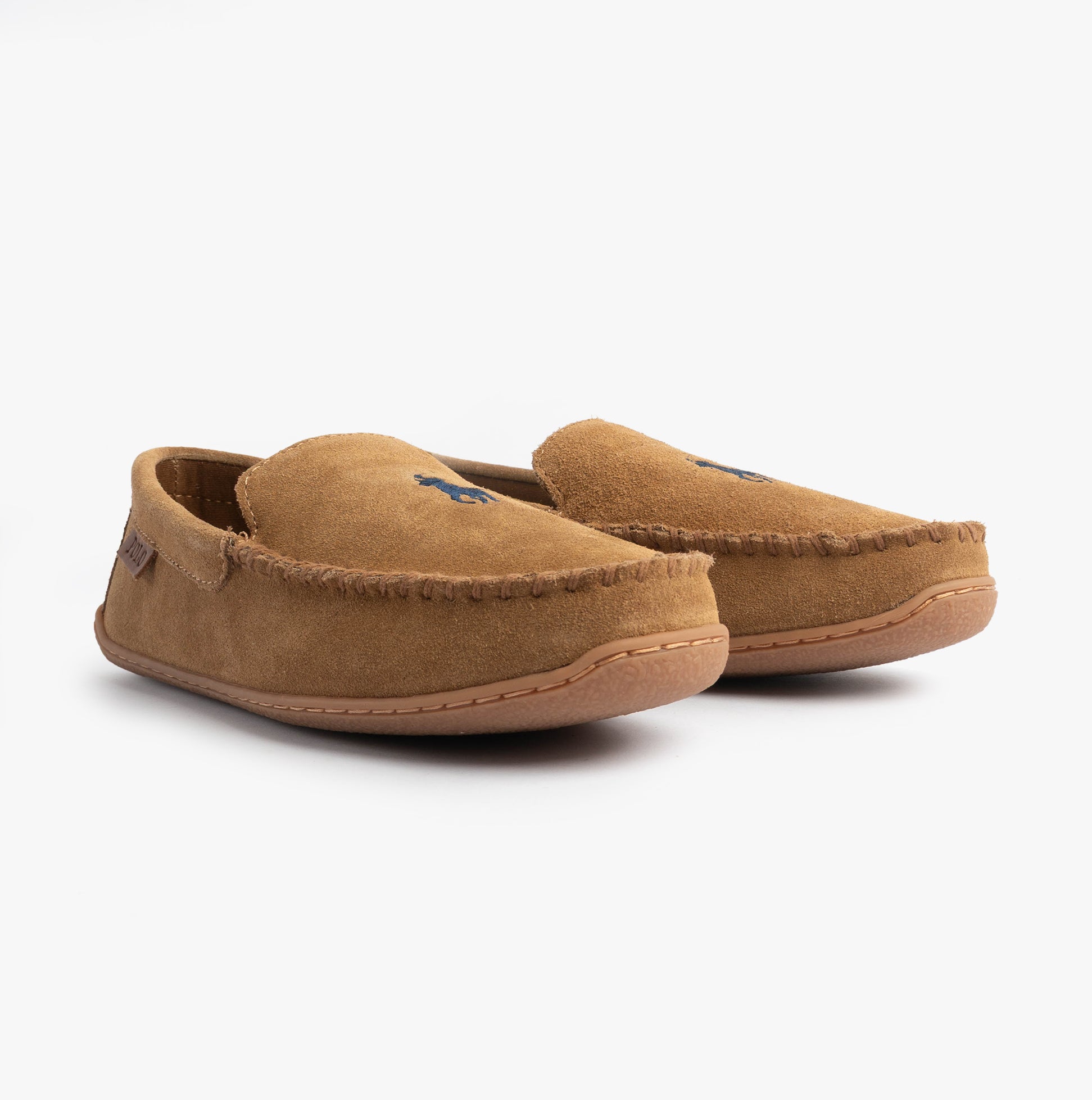 Polo Ralph Lauren BRENAN Logo Mens Dress Suede Slippers Snff Suede/Navy side view showing moccasin style and round toe shape.