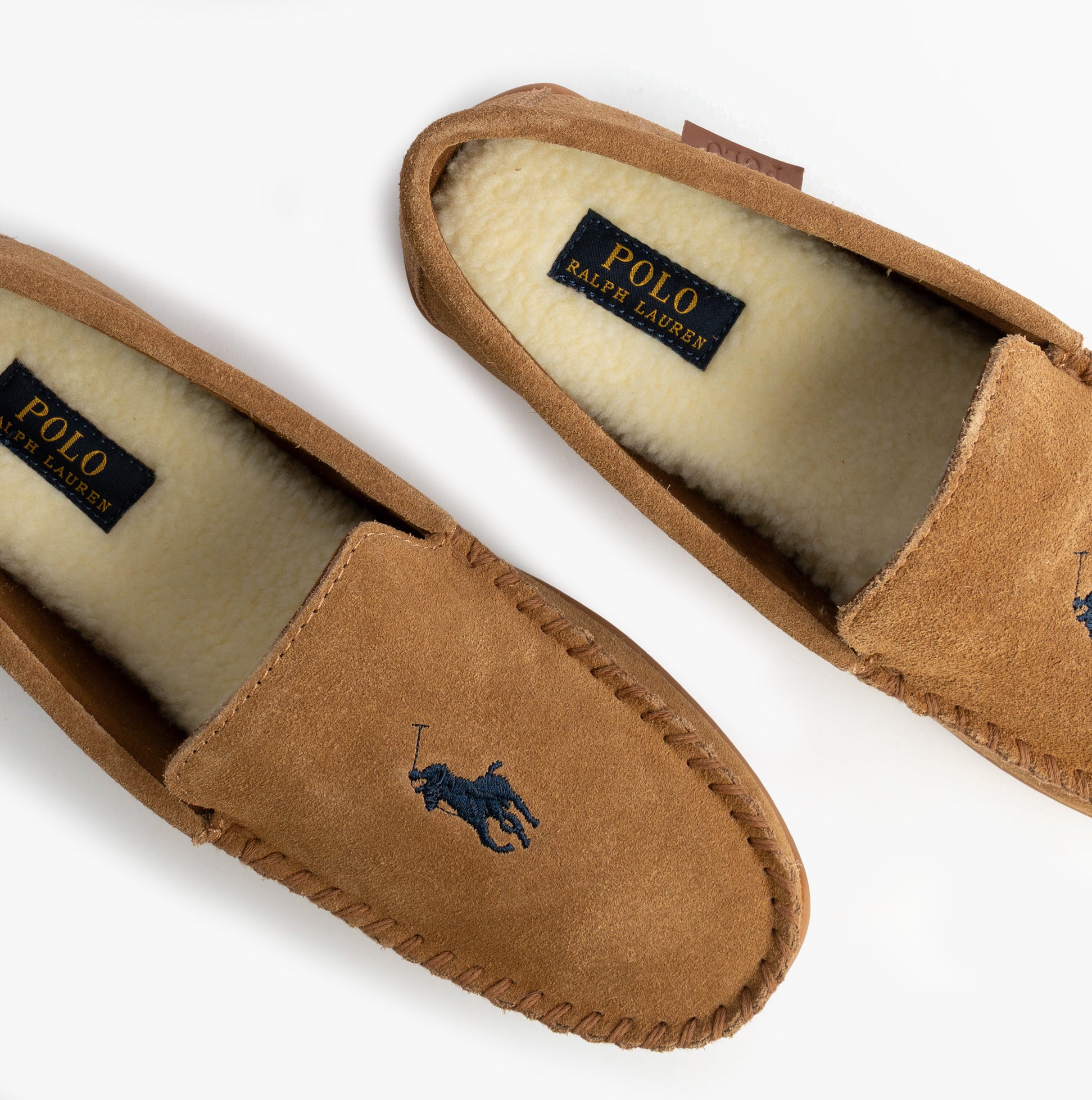 Polo Ralph Lauren BRENAN Logo Mens Dress Suede Slippers Snff Suede/Navy top view showing soft interior and logo detail.