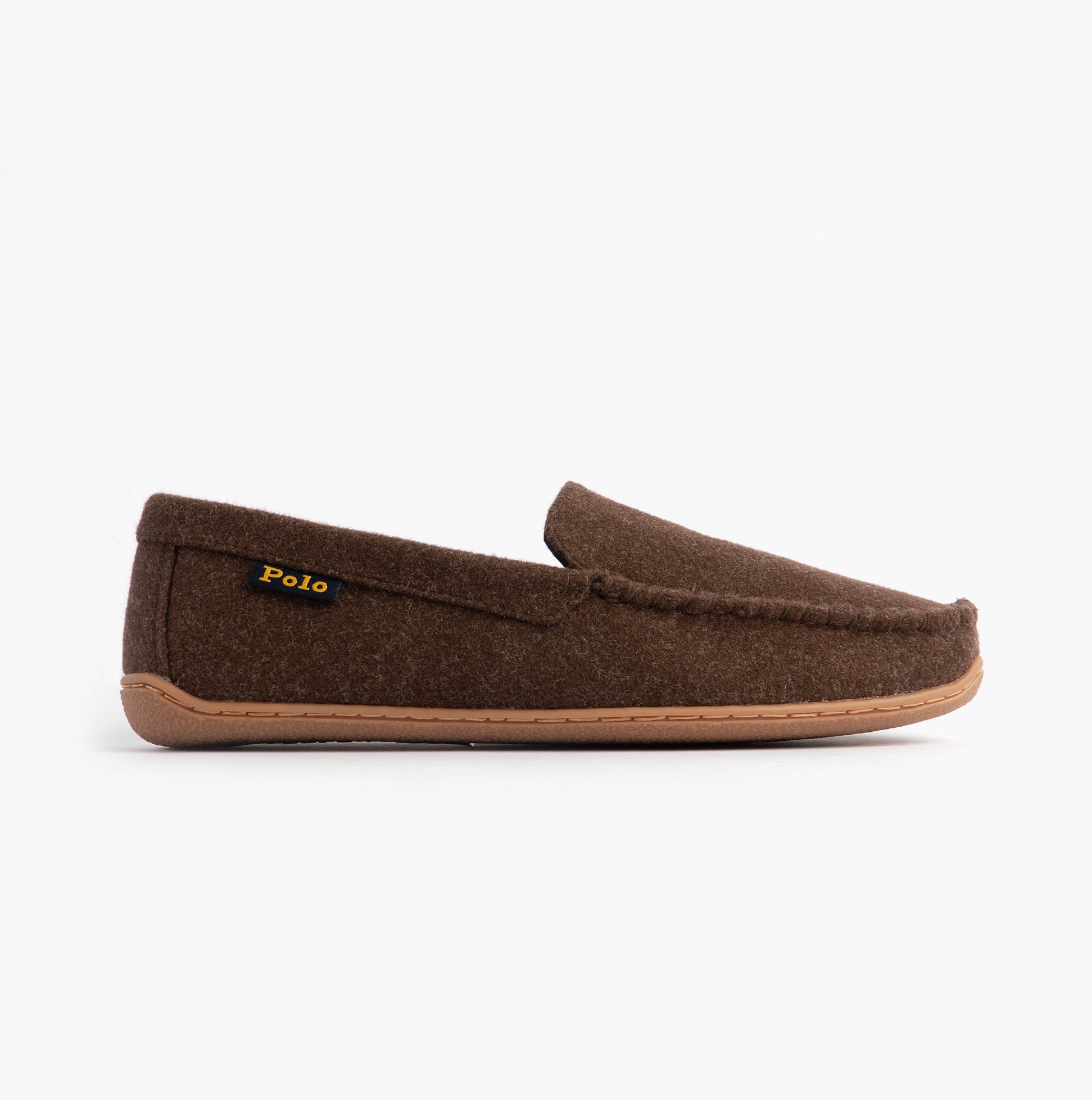 Polo Ralph Lauren BRENAN WOOL Mens Dress Shoe Slippers Brown/Cream side view showing soft wool upper and rubber sole.