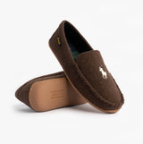 Polo Ralph Lauren BRENAN WOOL Mens Dress Shoe Slippers Brown/Cream side view of brown slippers with logo