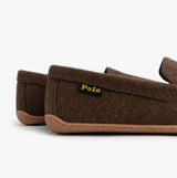 Polo Ralph Lauren BRENAN WOOL Mens Dress Shoe Slippers Brown/Cream side view showing the soft wool upper and rubber sole.