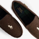 Polo Ralph Lauren BRENAN WOOL Mens Dress Shoe Slippers Brown/Cream top view showing wool upper and plaid lining.