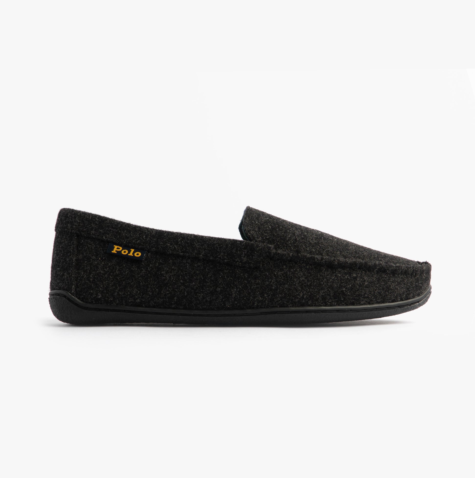 Polo Ralph Lauren BRENAN WOOL Mens Dress Shoe Slippers Black/Cream side view showing suede upper and rubber sole
