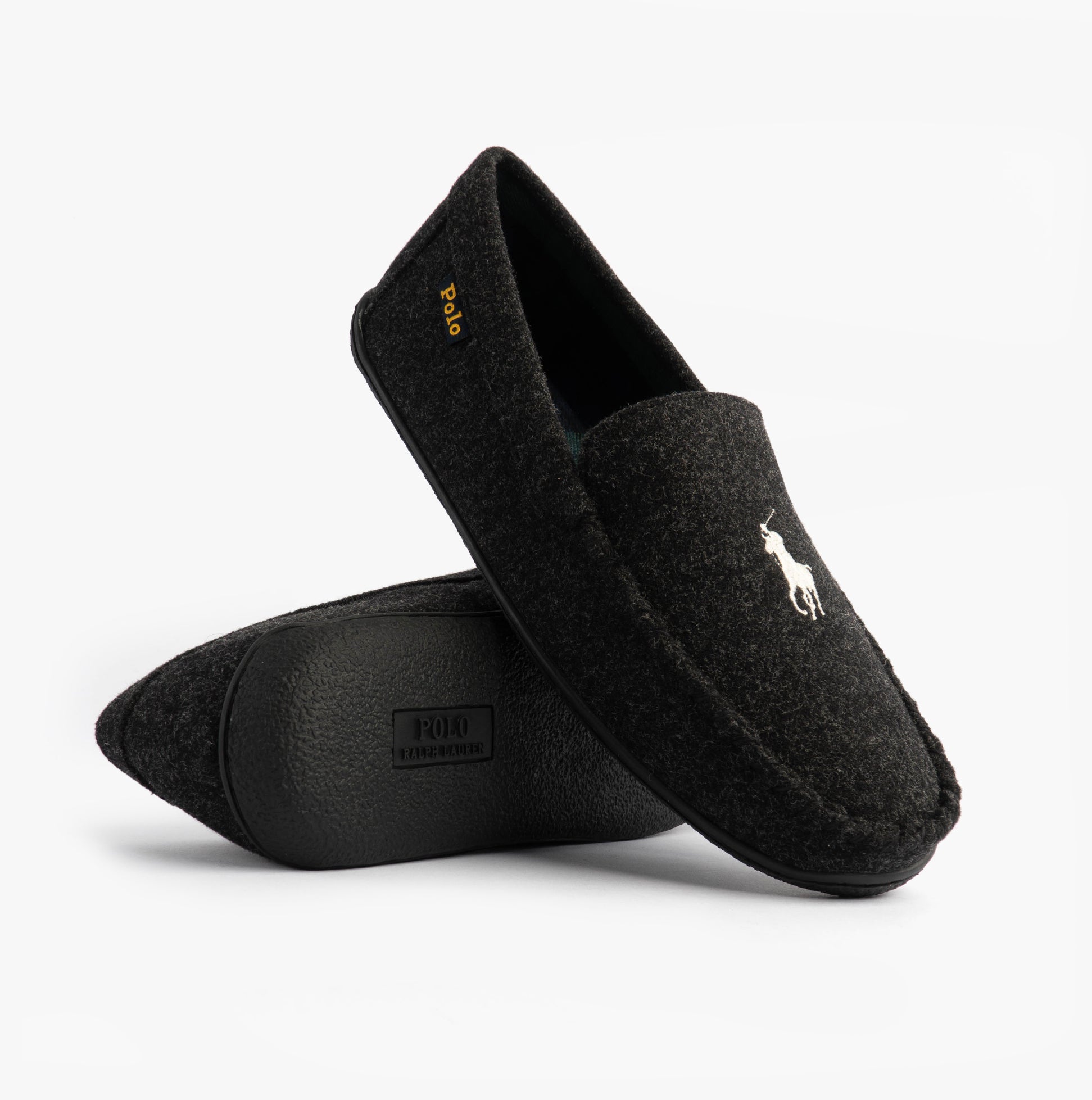 Polo Ralph Lauren BRENAN WOOL Mens Dress Shoe Slippers Black/Cream side view showing logo and detailed texture.