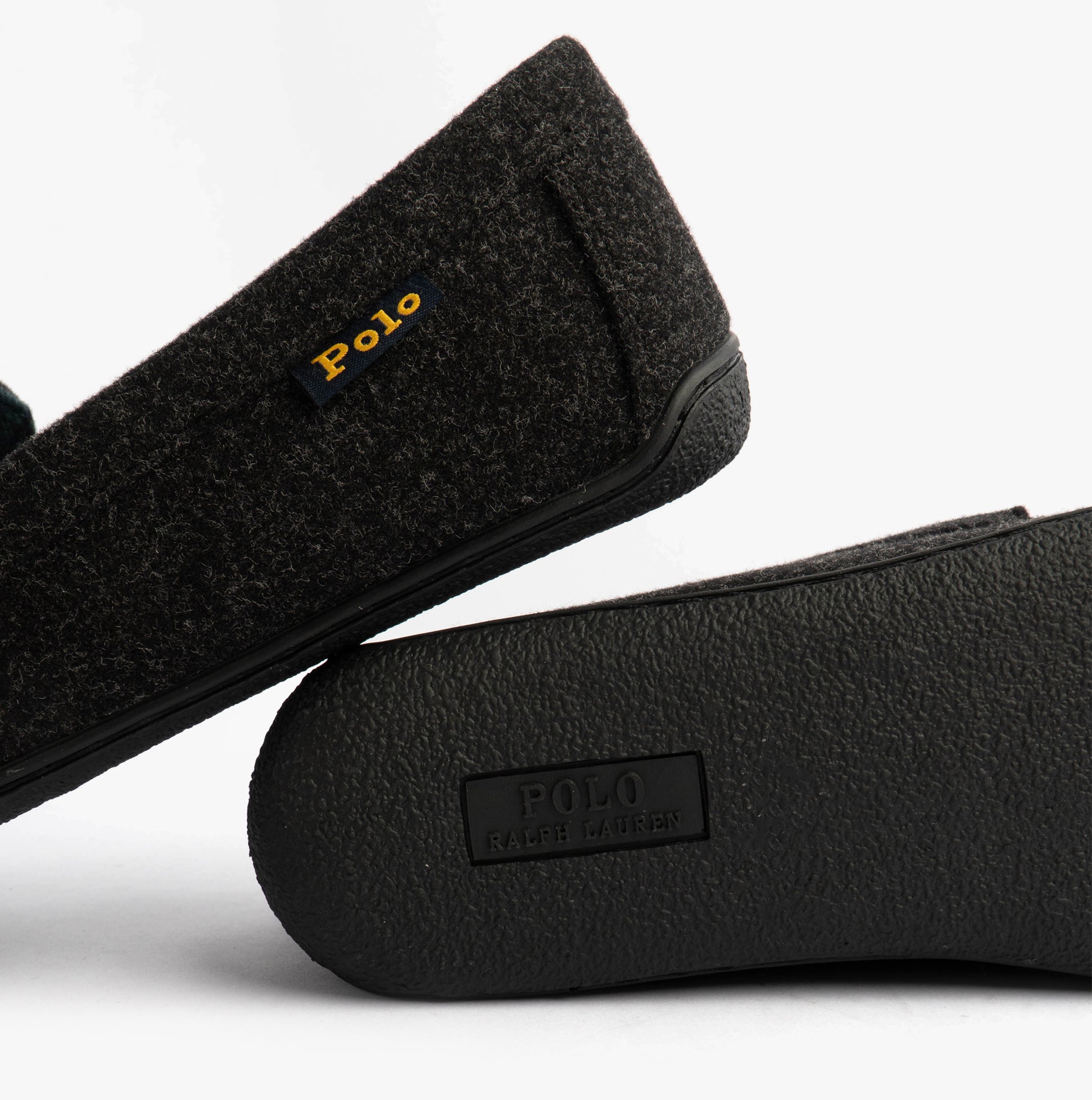 Polo Ralph Lauren BRENAN WOOL Mens Dress Shoe Slippers Black/Cream side view showing upper and sole detail.