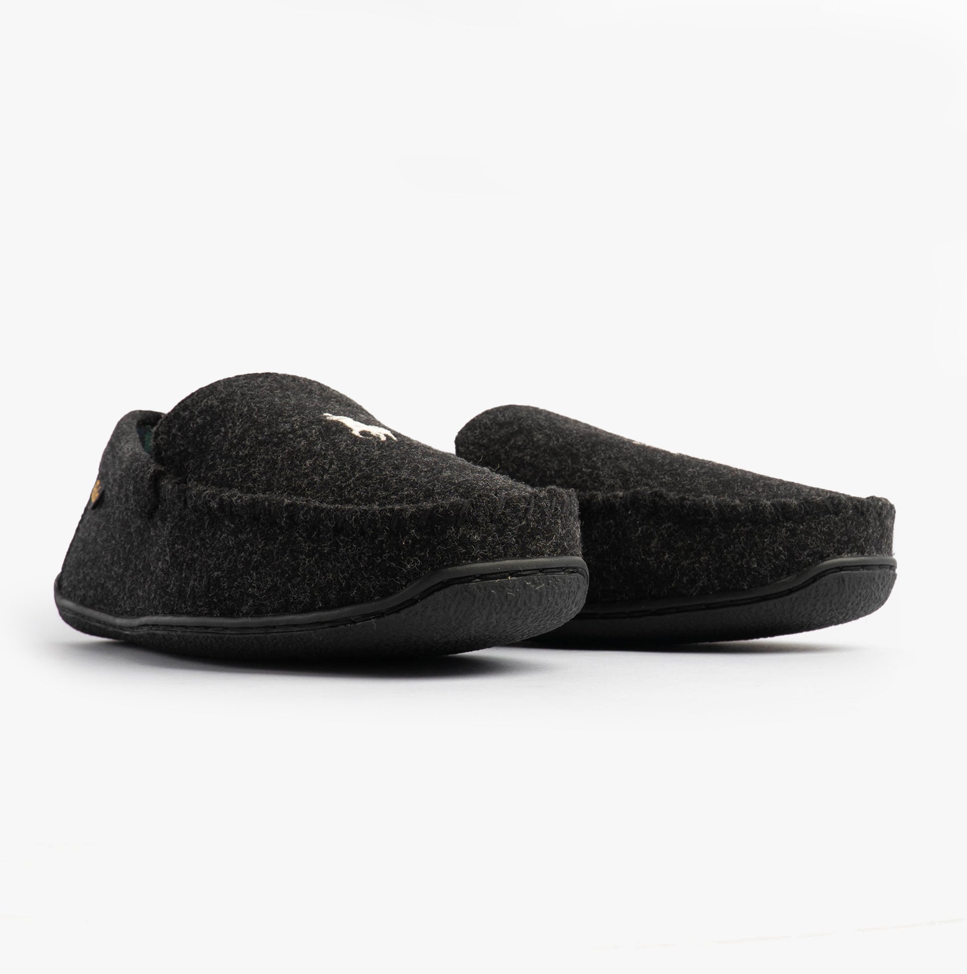 Polo Ralph Lauren BRENAN WOOL Mens Dress Shoe Slippers Black/Cream side view showing soft wool upper and rubber sole.