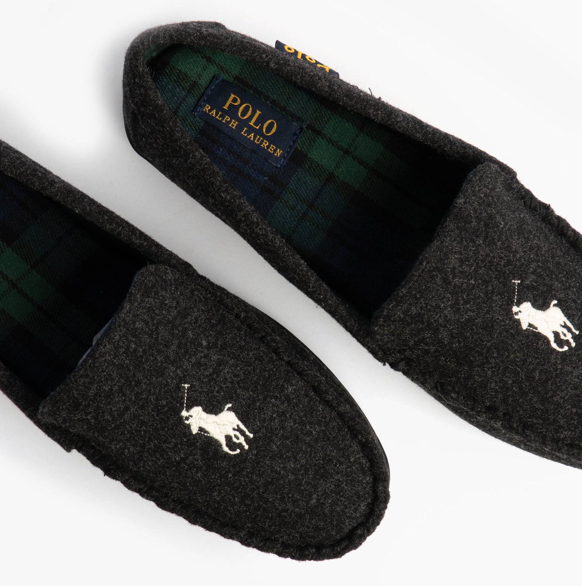 Polo Ralph Lauren BRENAN WOOL Mens Dress Shoe Slippers Black/Cream top view showing soft wool upper and plaid lining.