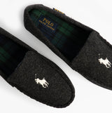 Polo Ralph Lauren BRENAN WOOL Mens Dress Shoe Slippers Black/Cream top view showing soft wool upper and plaid lining.