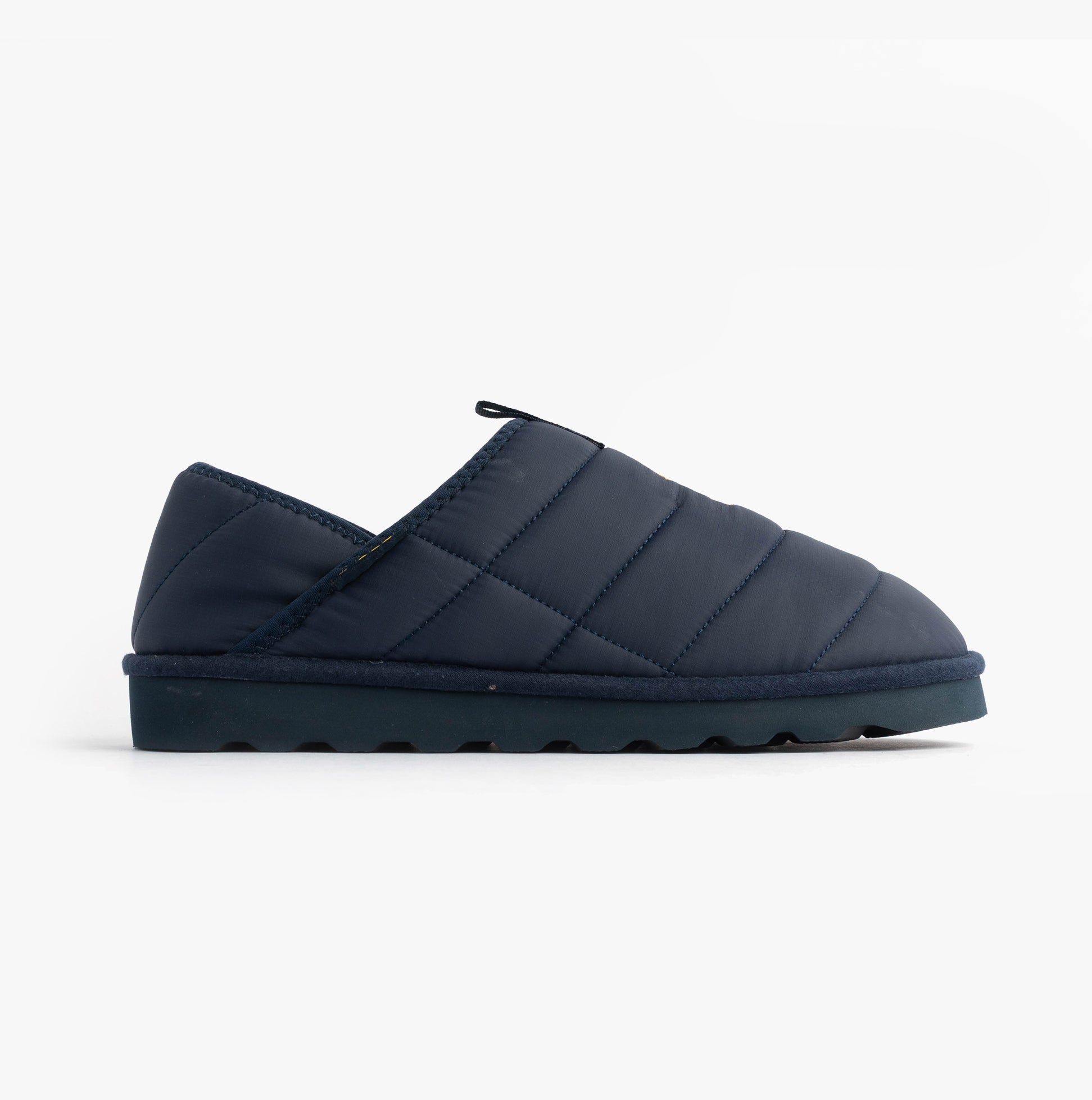Polo Ralph Lauren EVERETT Mens Full Slippers Navy/Gold side view, quilted textile upper, slip-on design for comfort.