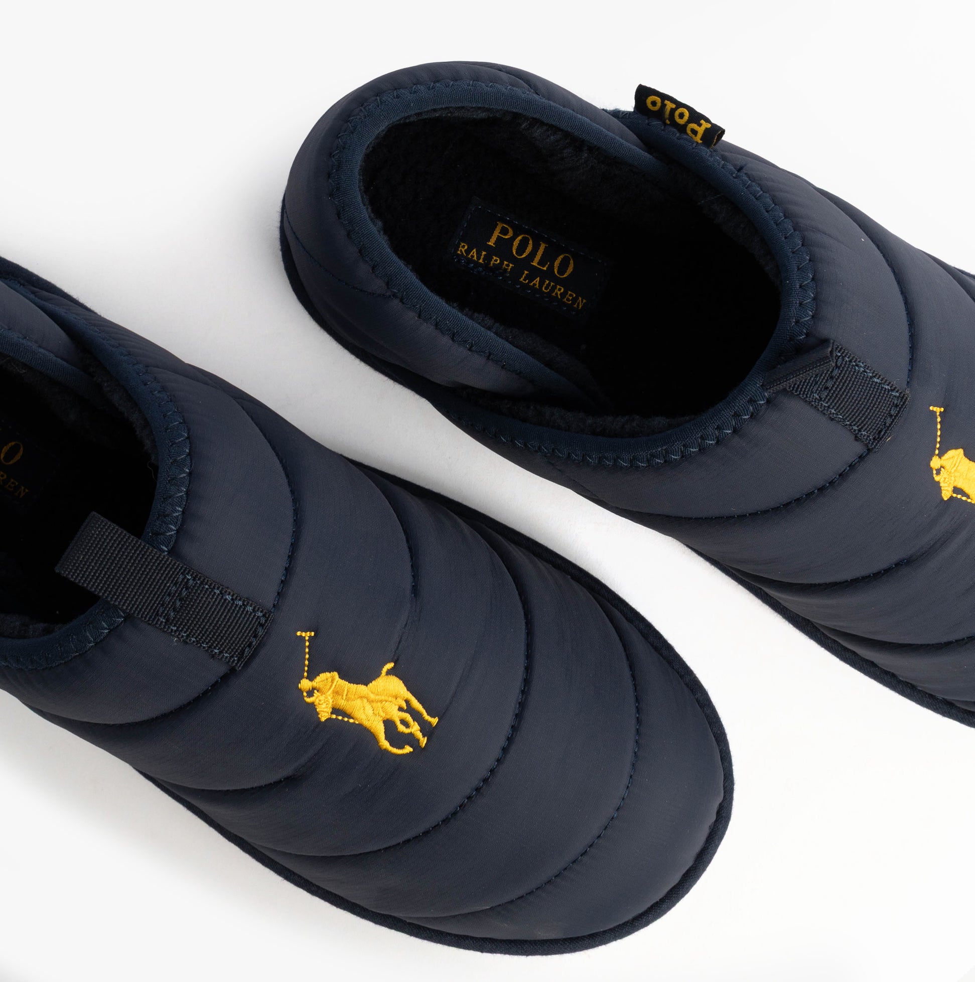 Polo Ralph Lauren EVERETT Mens Full Slippers Navy/Gold top view of slippers with logo on dark textile upper.
