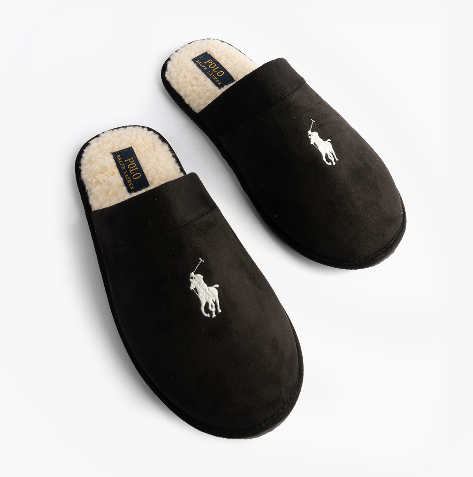Polo Ralph Lauren KLARENCE Mens Mule Slippers Blackwatch/Cream front view showing soft black textile upper and signature logo.