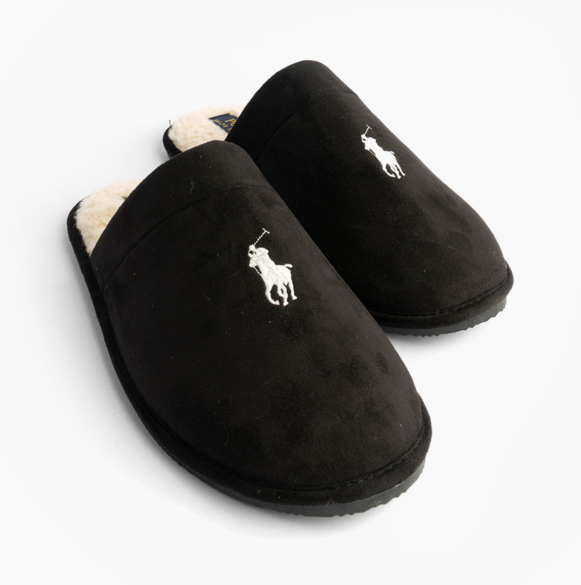 Polo Ralph Lauren KLARENCE Mens Mule Slippers Blackwatch/Cream top view showcasing the black mules with logo detail.