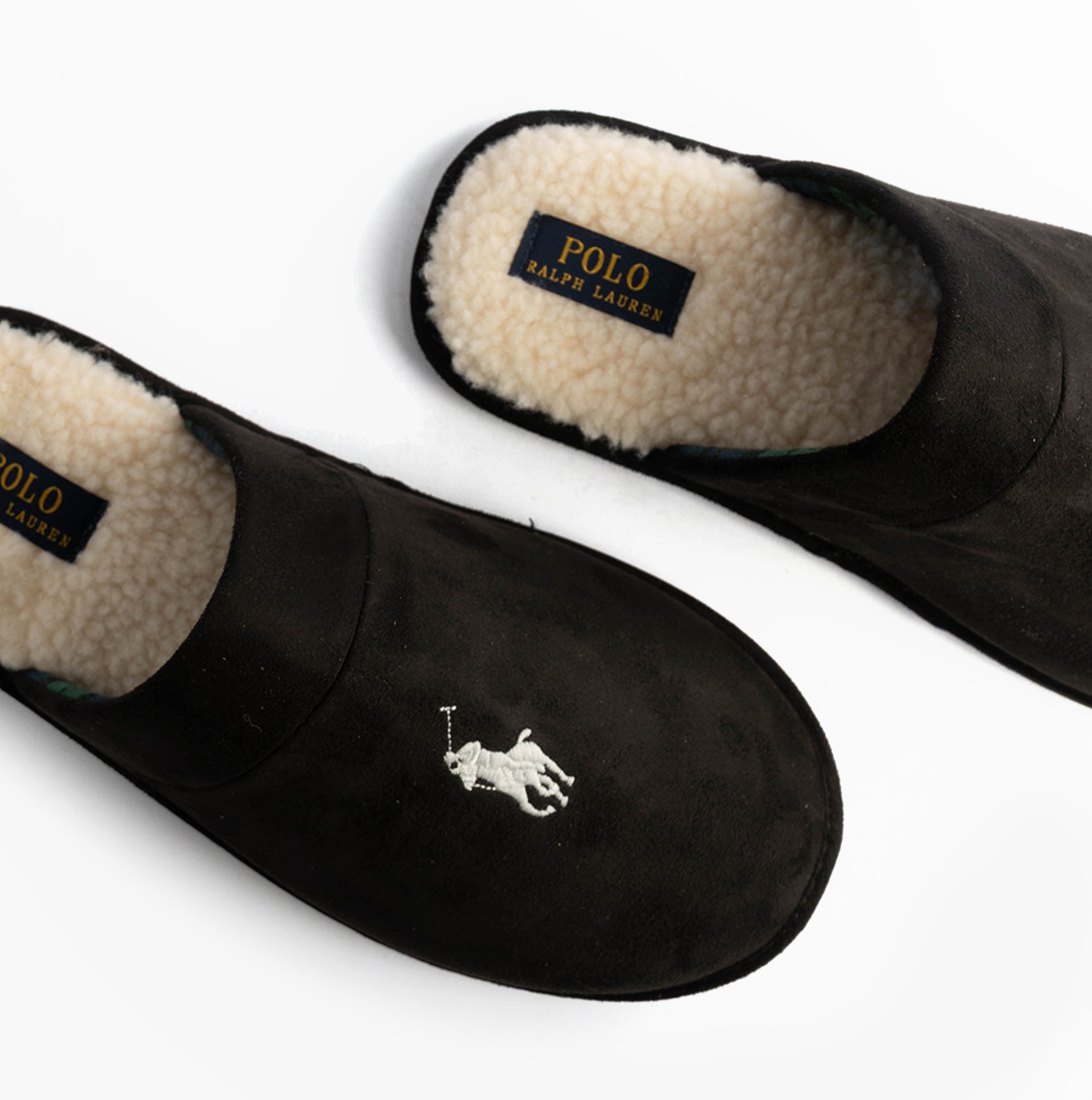 Polo Ralph Lauren KLARENCE Mens Mule Slippers Blackwatch/Cream top view showing soft lining and logo detail