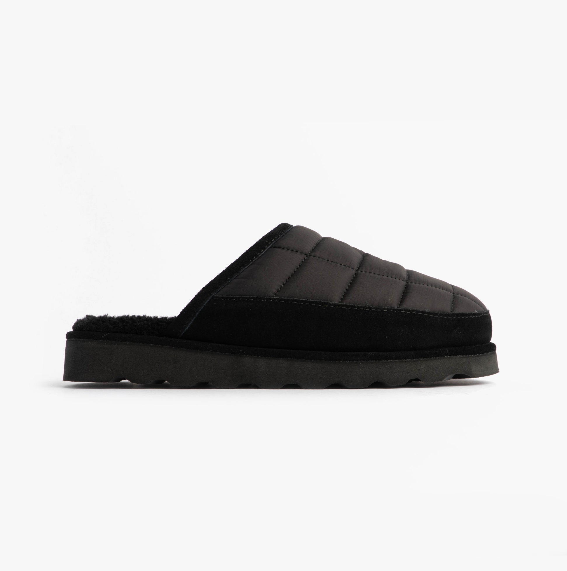Polo Ralph Lauren READ SCFF II Mens Mule Slippers Black/Cream side view showing the quilted upper and rubber sole.