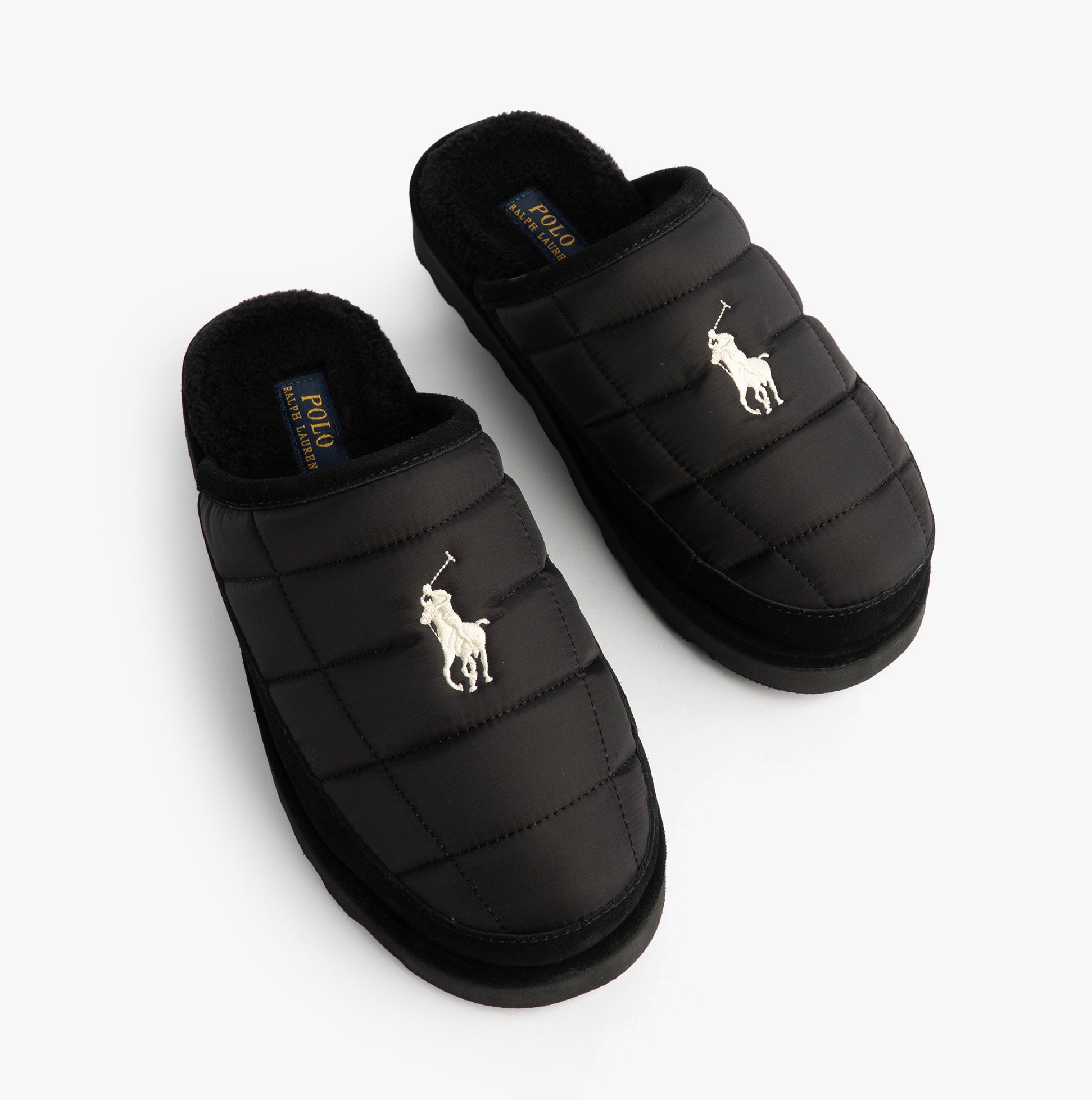Polo Ralph Lauren READ SCFF II Mens Mule Slippers Black/Cream top view showing quilted design and logo detailing.
