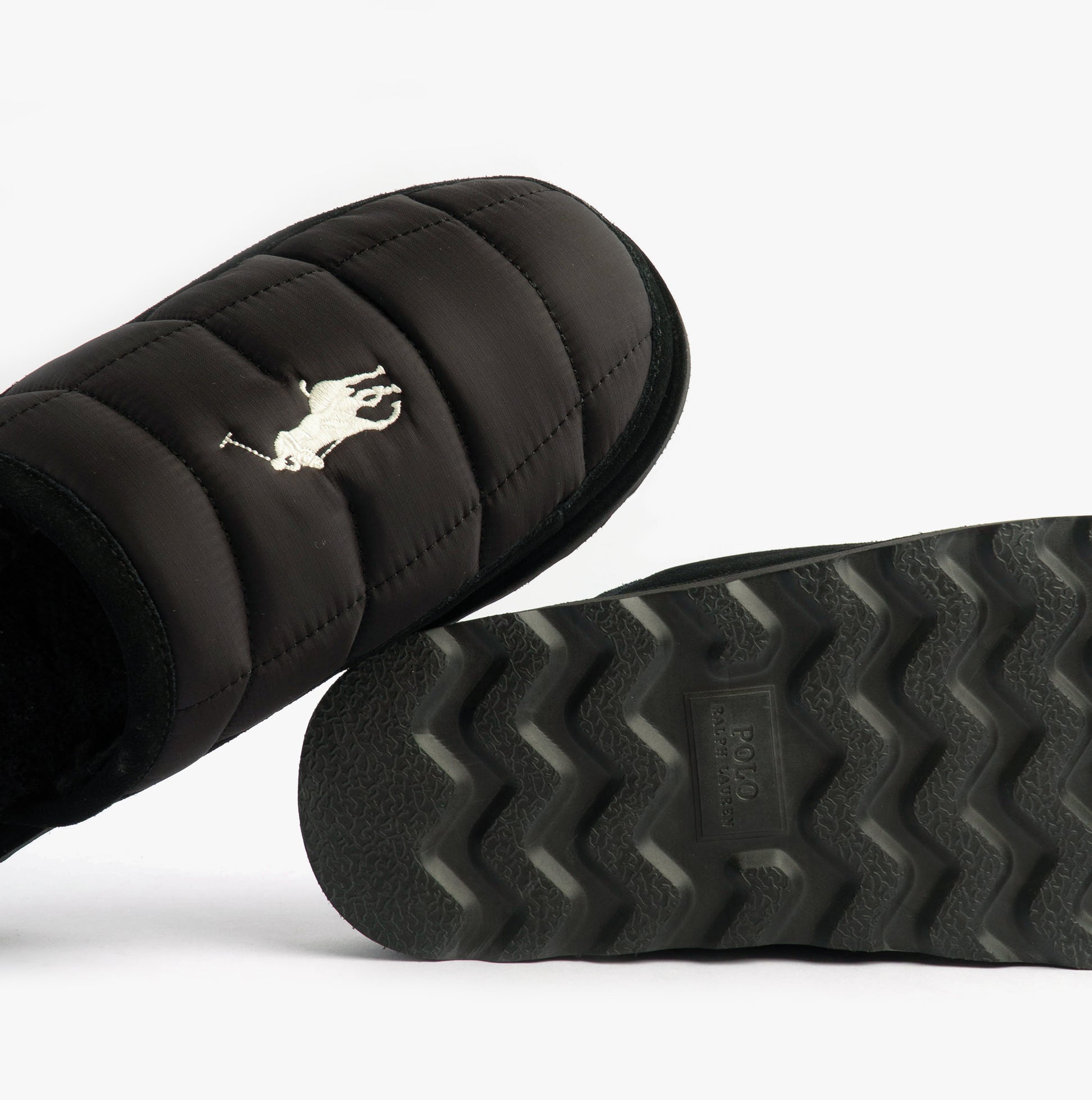 Polo Ralph Lauren READ SCFF II Mens Mule Slippers Black/Cream top and bottom view with signature logo.