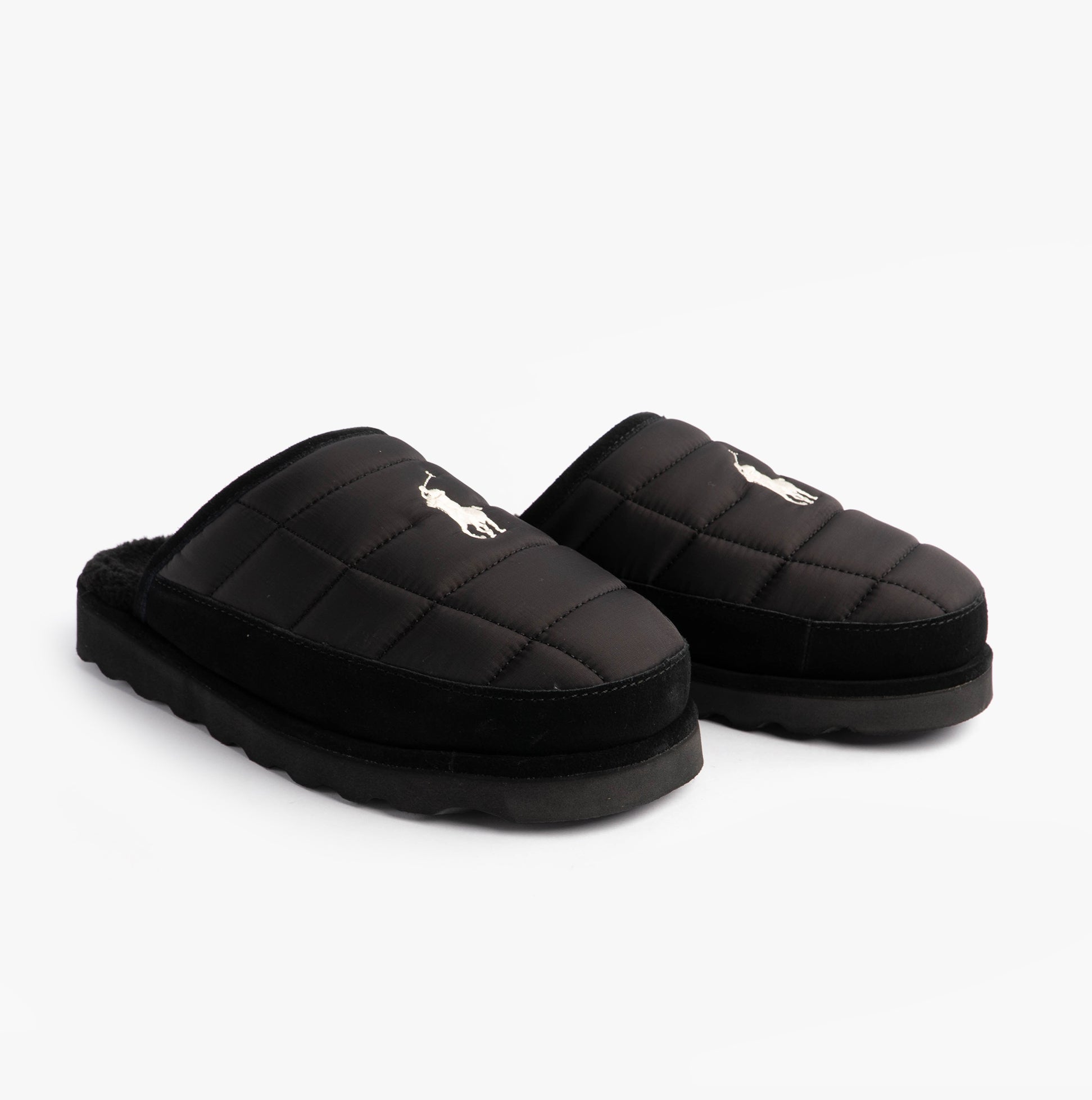 Polo Ralph Lauren READ SCFF II Mens Mule Slippers Black/Cream side view showing quilted design and logo.