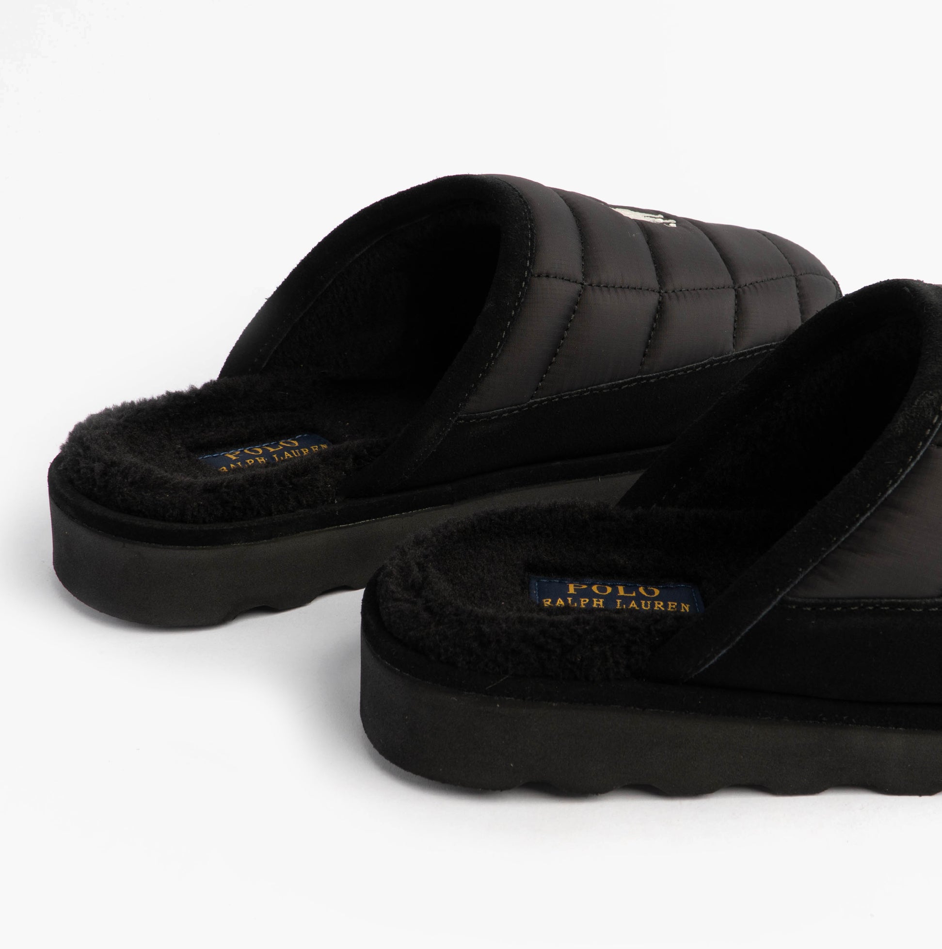 Polo Ralph Lauren READ SCFF II Mens Mule Slippers Black/Cream side view showing soft textile upper and rubber sole.