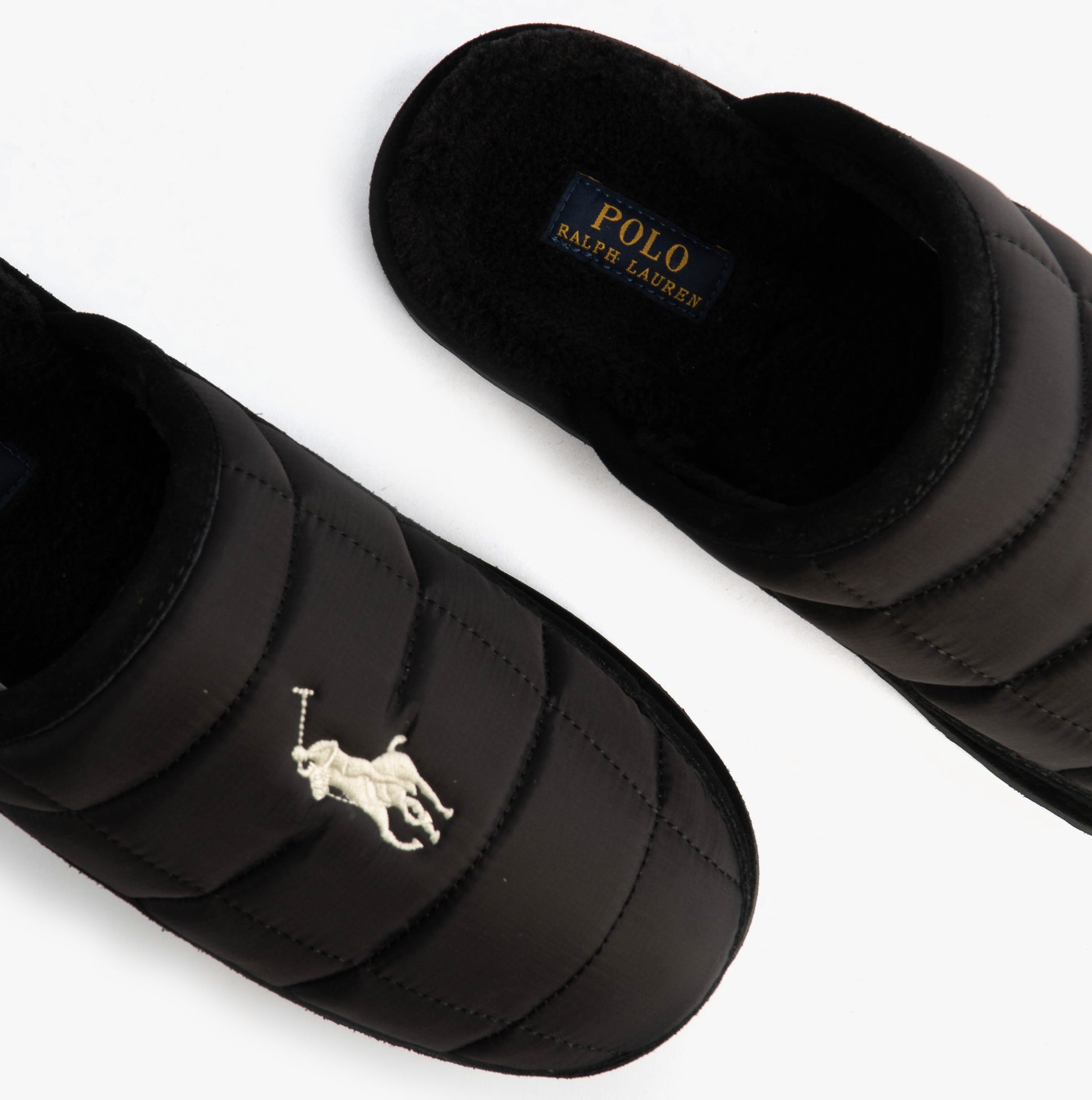 Polo Ralph Lauren READ SCFF II Mens Mule Slippers Black/Cream top view showing textile upper and logo.