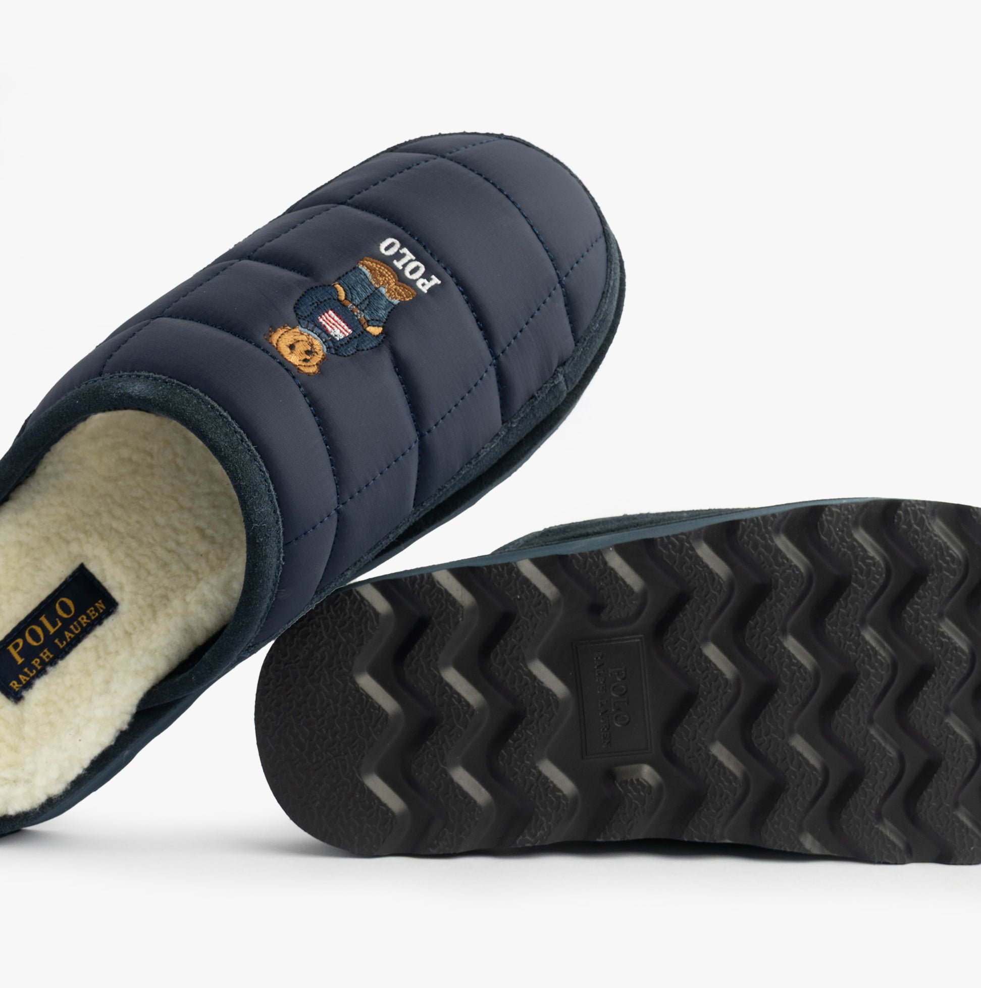 Polo Ralph Lauren READ BEAR Mens Mule Slippers Navy bottom view showcasing the stitched bear design and textured sole.