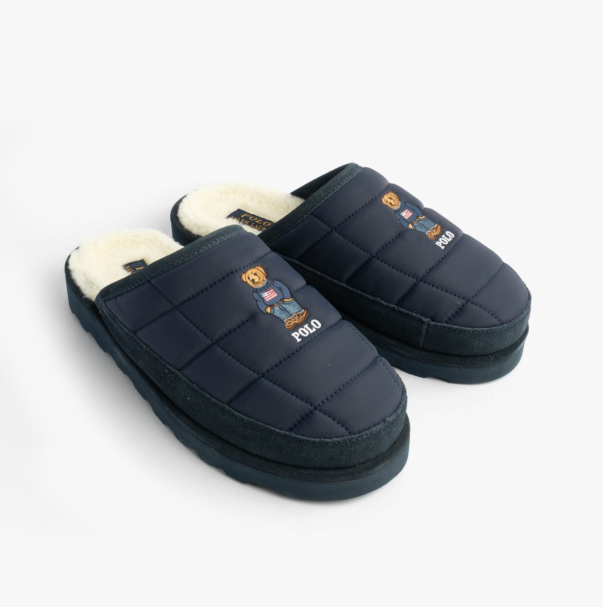 Polo Ralph Lauren READ BEAR Mens Mule Slippers Navy side view showing plush interior and signature bear logo.