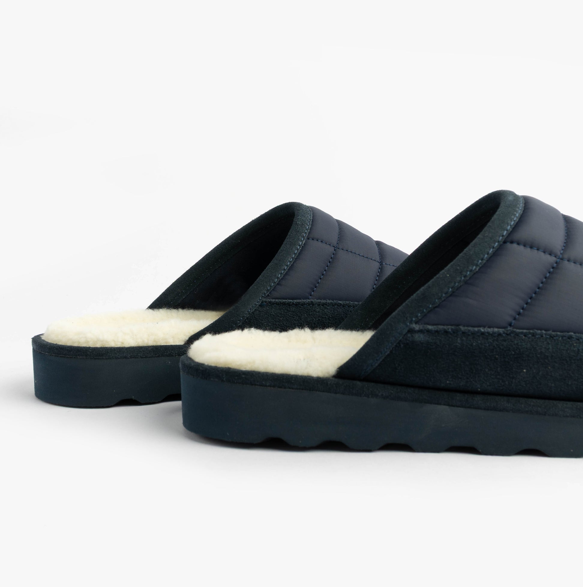 Polo Ralph Lauren READ BEAR Mens Mule Slippers Navy side view showcasing plush lining and durable sole.