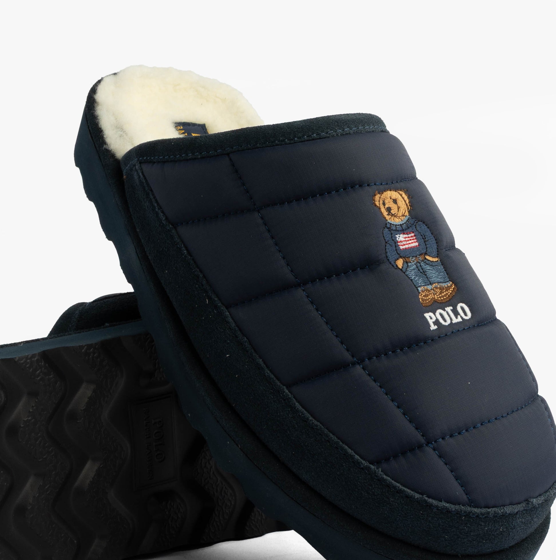 Polo Ralph Lauren READ BEAR Mens Mule Slippers Navy side view with plush lining and bear logo.