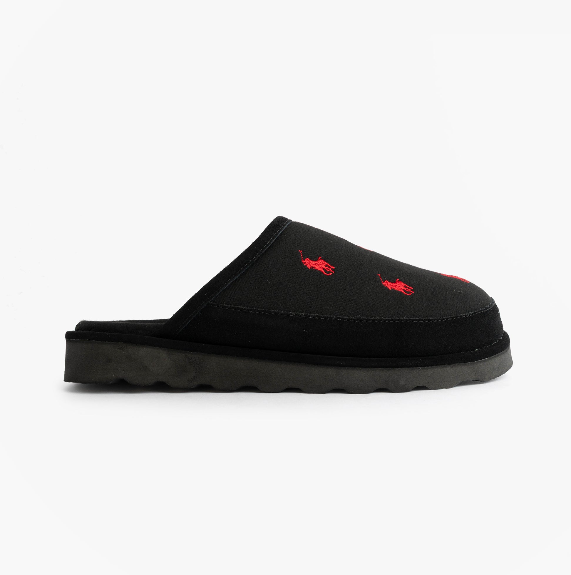Polo Ralph Lauren READE Suede-Trim Polo Pony Scuff Mule Slipper side view in black with red logo details.