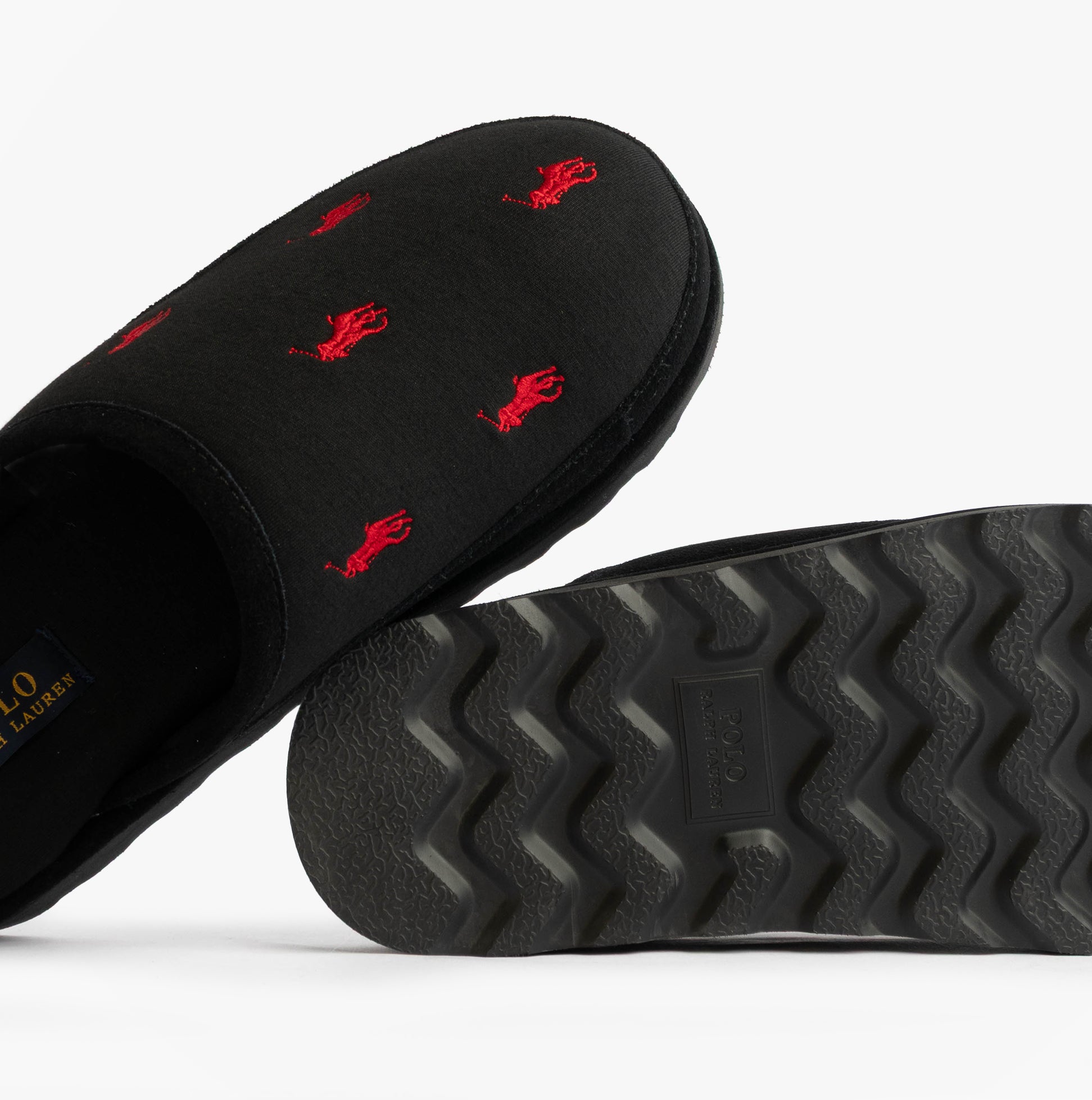 Polo Ralph Lauren READE Suede-Trim Polo Pony Scuff Mule Slipper side view showcasing black upper with red pony logo.