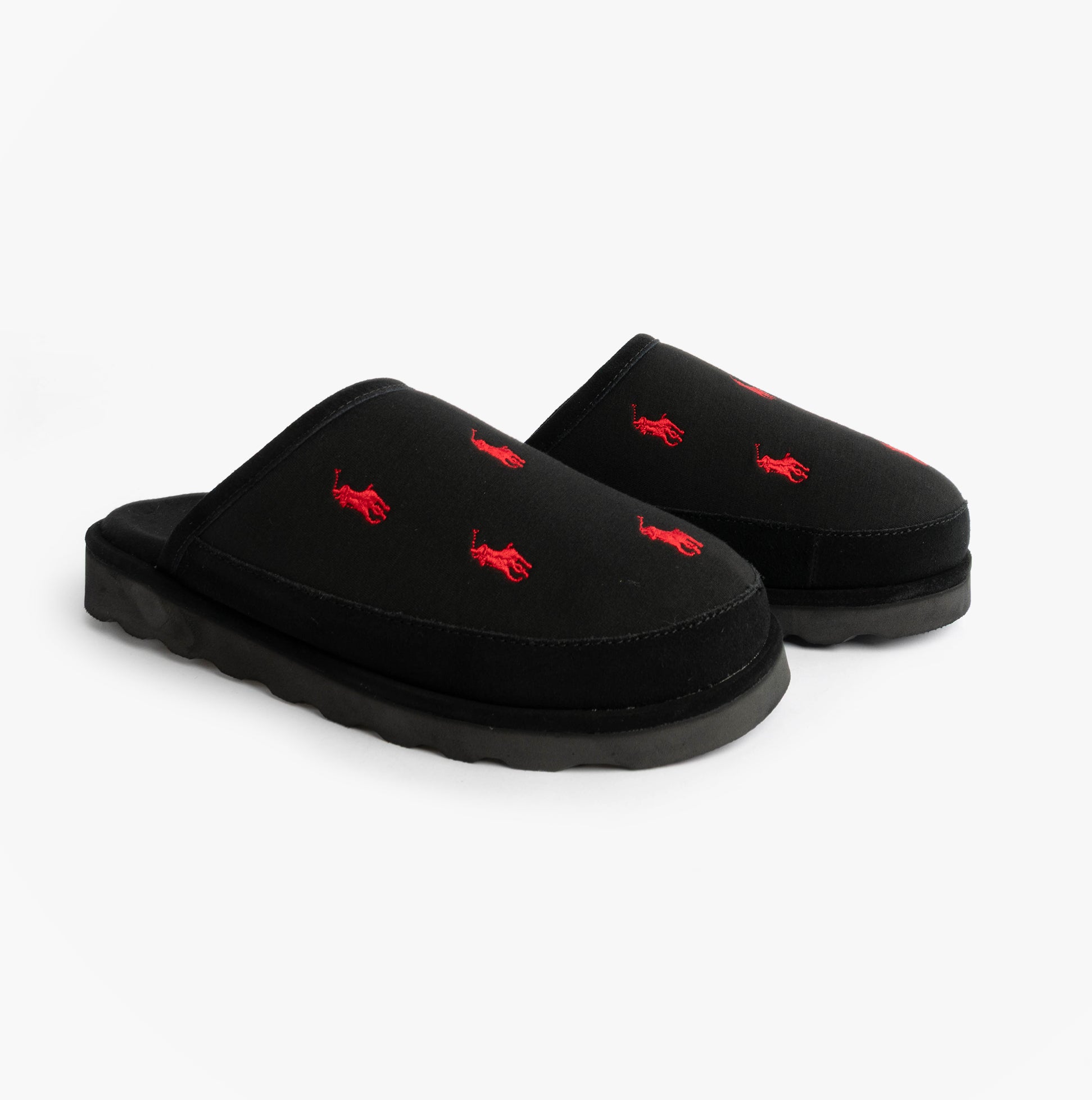 Polo Ralph Lauren READE Suede-Trim Polo Pony Scuff Mule Slipper side view, black with red pony logo embroidery.