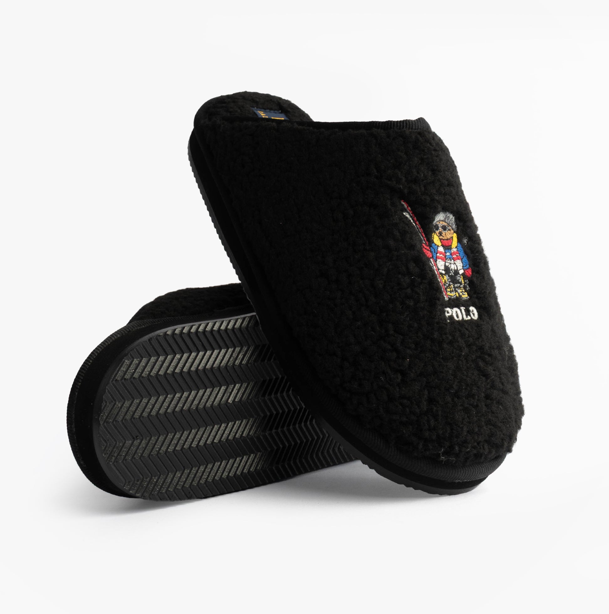 Polo Ralph Lauren KAYLEIGH SCUFF II BEAR Womens Mule Slippers Black side view showing plush upper and rubber sole.