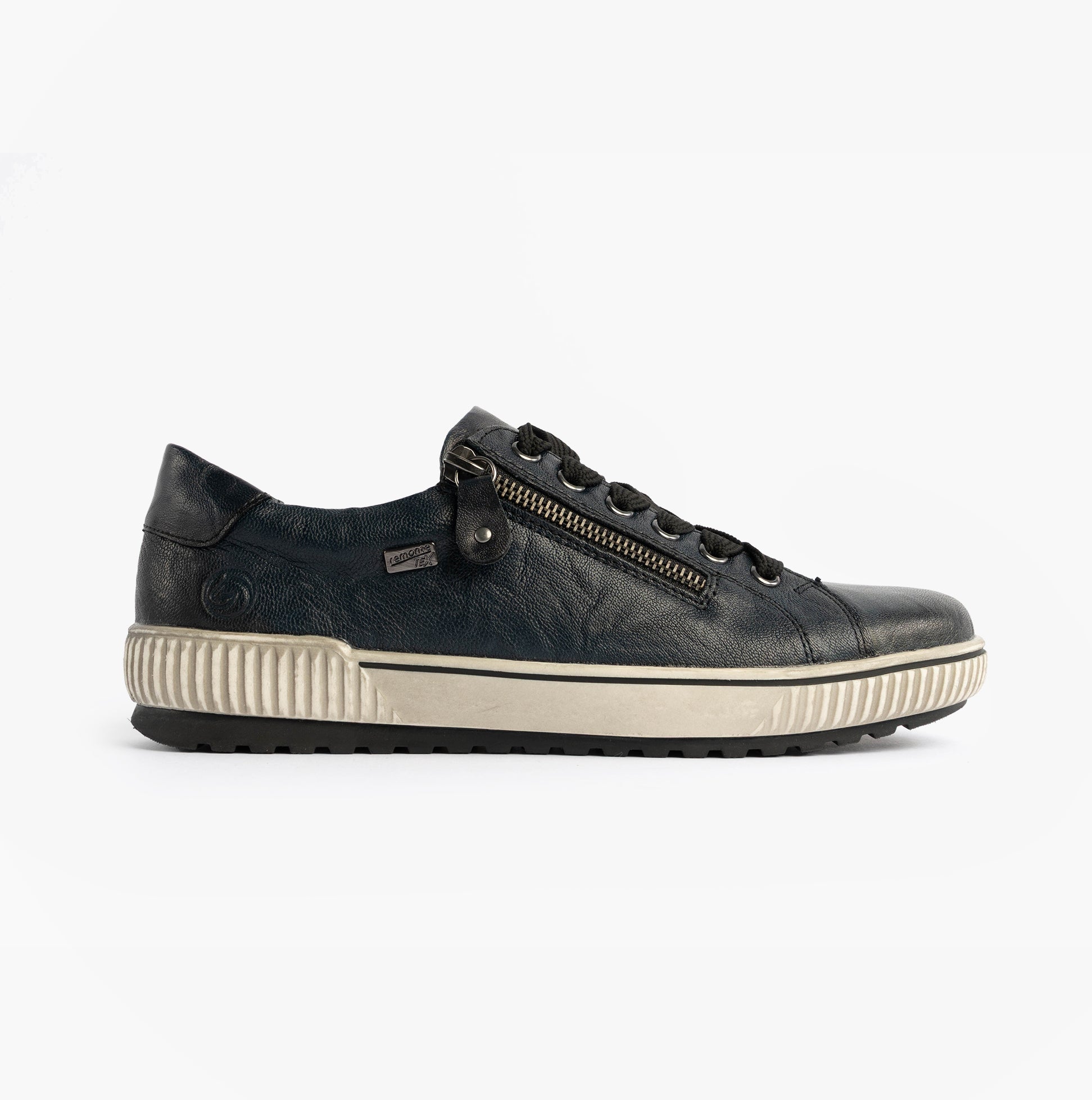 Remonte D0700-15 Womens Leather Causal Shoes Blue side view with lace-up and zip closure.