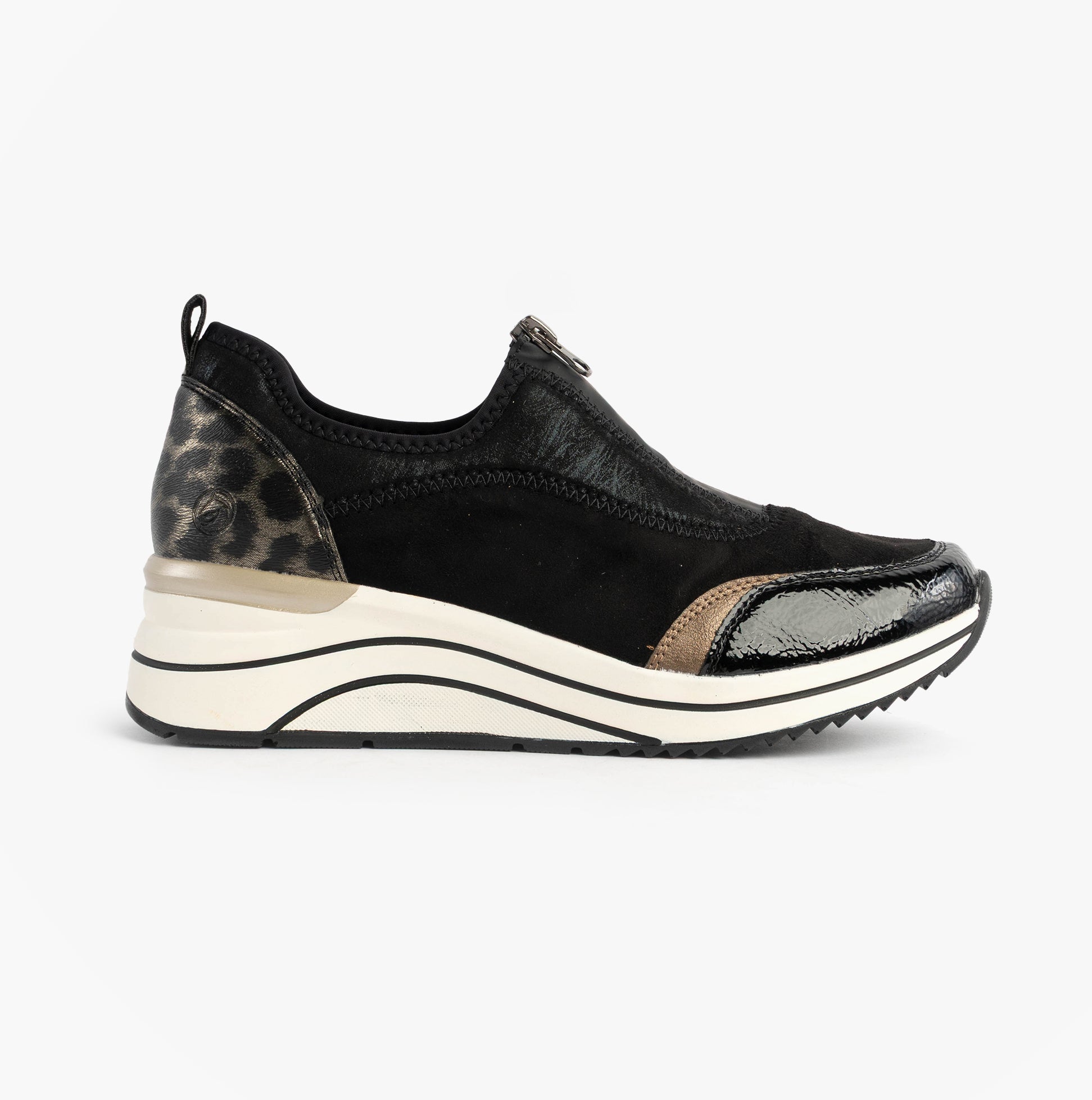 Remonte D0T08-02 Womens Front Zip Wedge Trainer Black side view with synthetic upper and textured details.