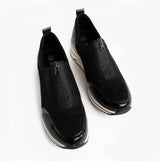 Remonte D0T08-02 Womens Front Zip Wedge Trainer Black front view with zip closure and synthetic upper.
