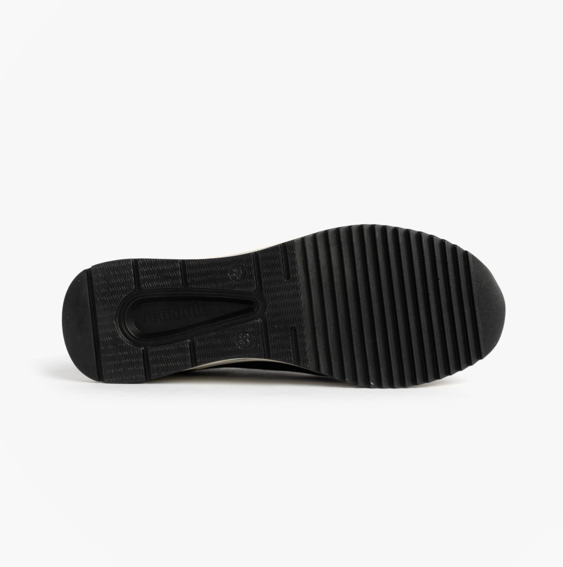 Remonte D0T08-02 Womens Front Zip Wedge Trainer Black bottom view showing synthetic sole and tread pattern.