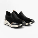 Remonte D0T08-02 Womens Front Zip Wedge Trainer Black side view showcasing zip closure and stylish design.
