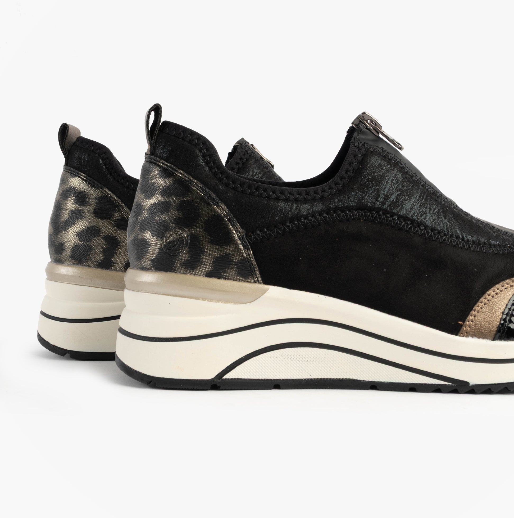 Remonte D0T08-02 Womens Front Zip Wedge Trainer Black side view featuring a stylish leopard print design.