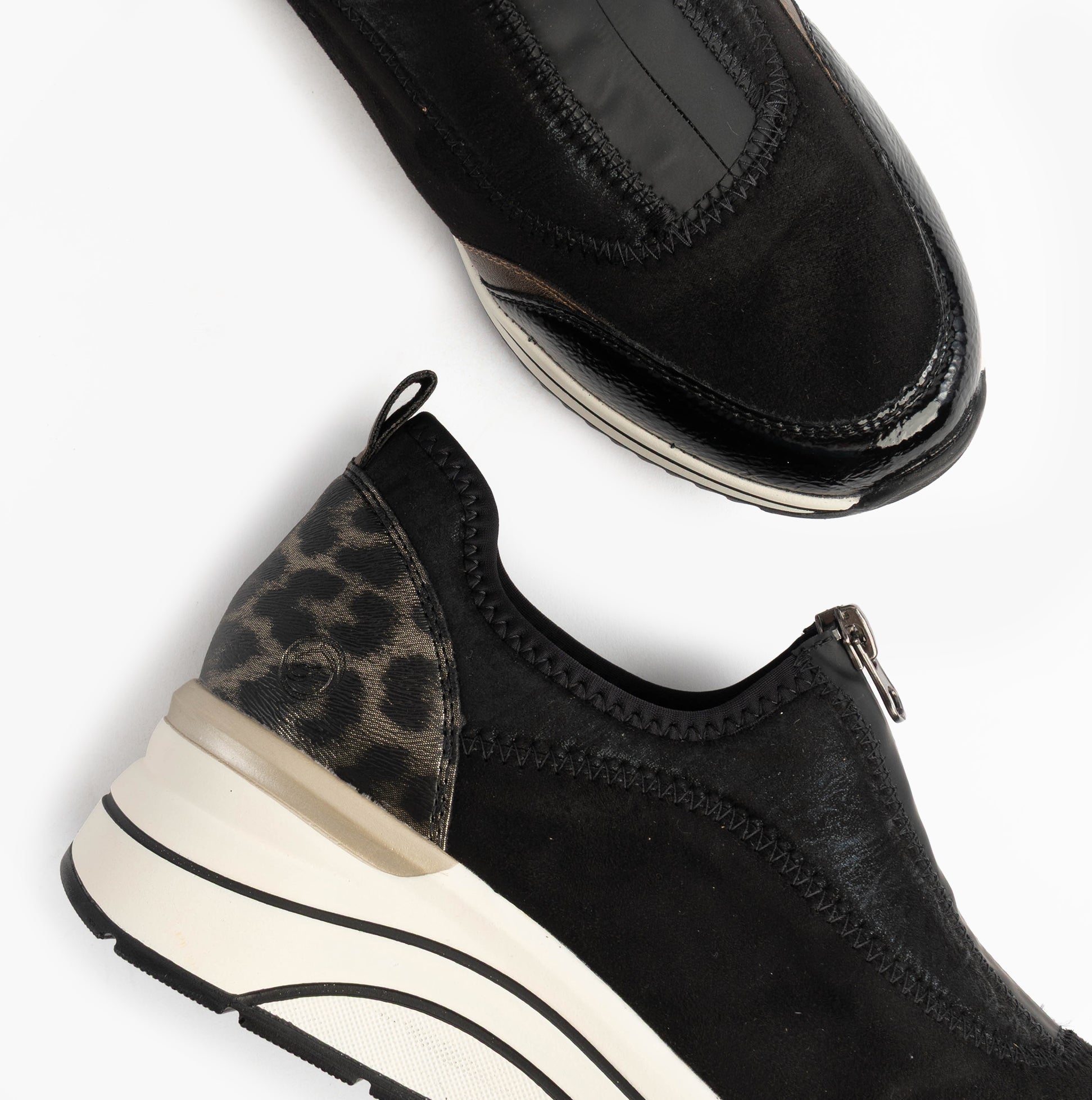 Remonte D0T08-02 Womens Front Zip Wedge Trainer Black top view showing upper and wedge heel details.