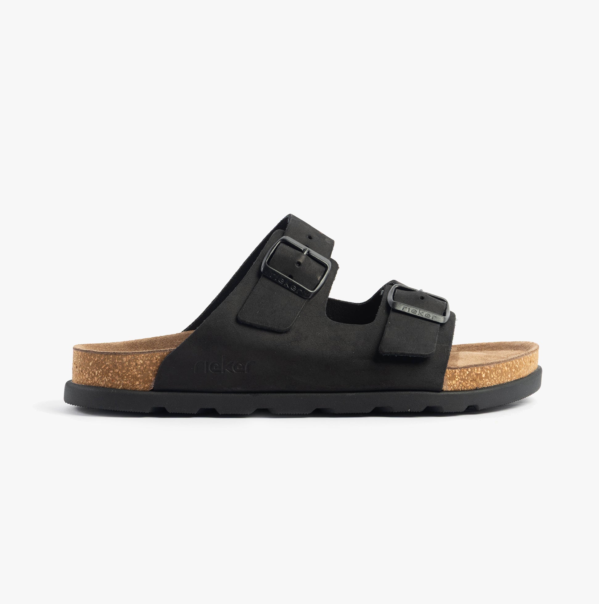 Rieker 21190-00 Mens Sandals Black side view showing leather upper, EVA sole and slip-on design.