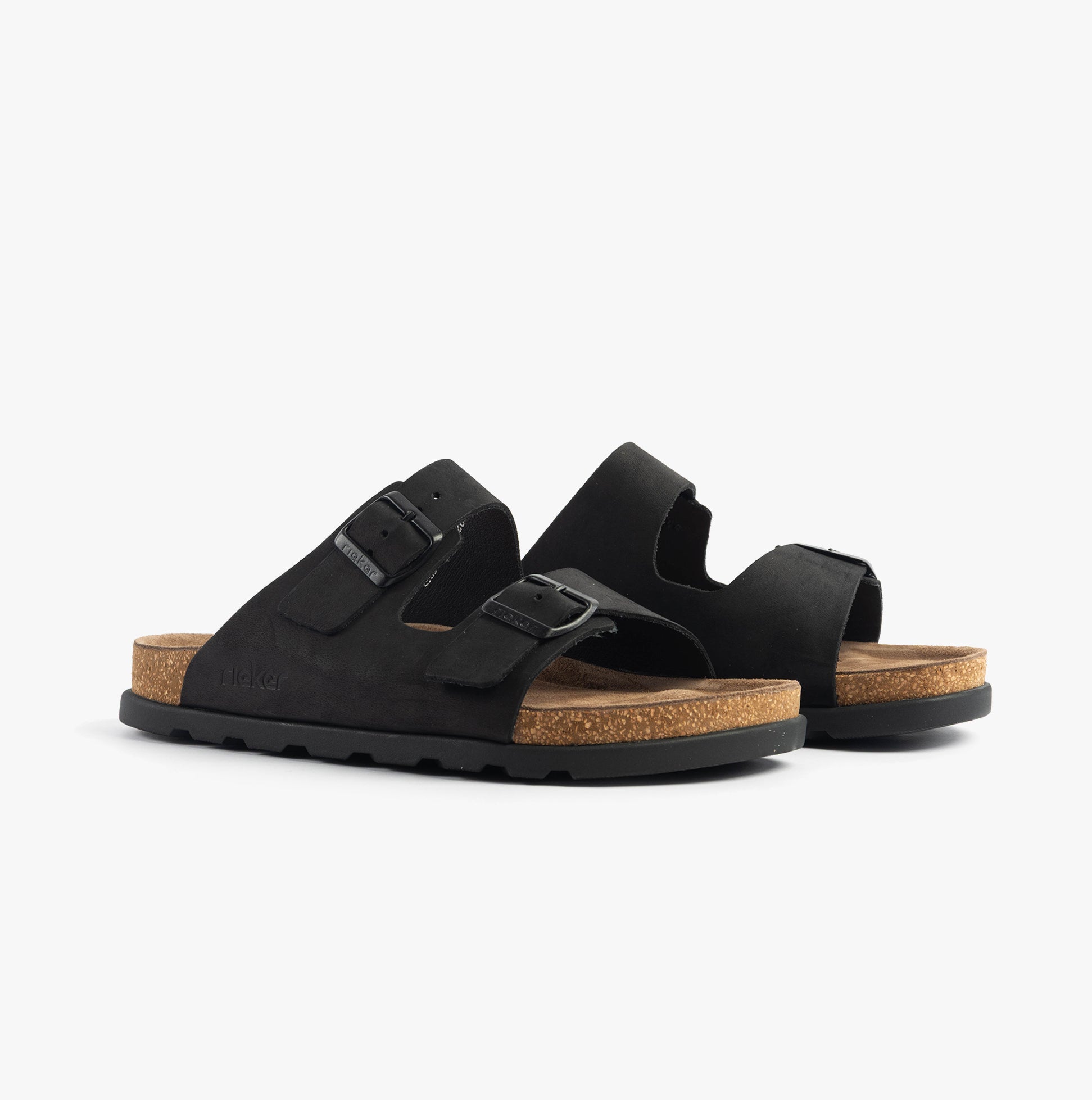 Rieker 21190-00 Mens Sandals Black side view showing leather upper and cork sole features.