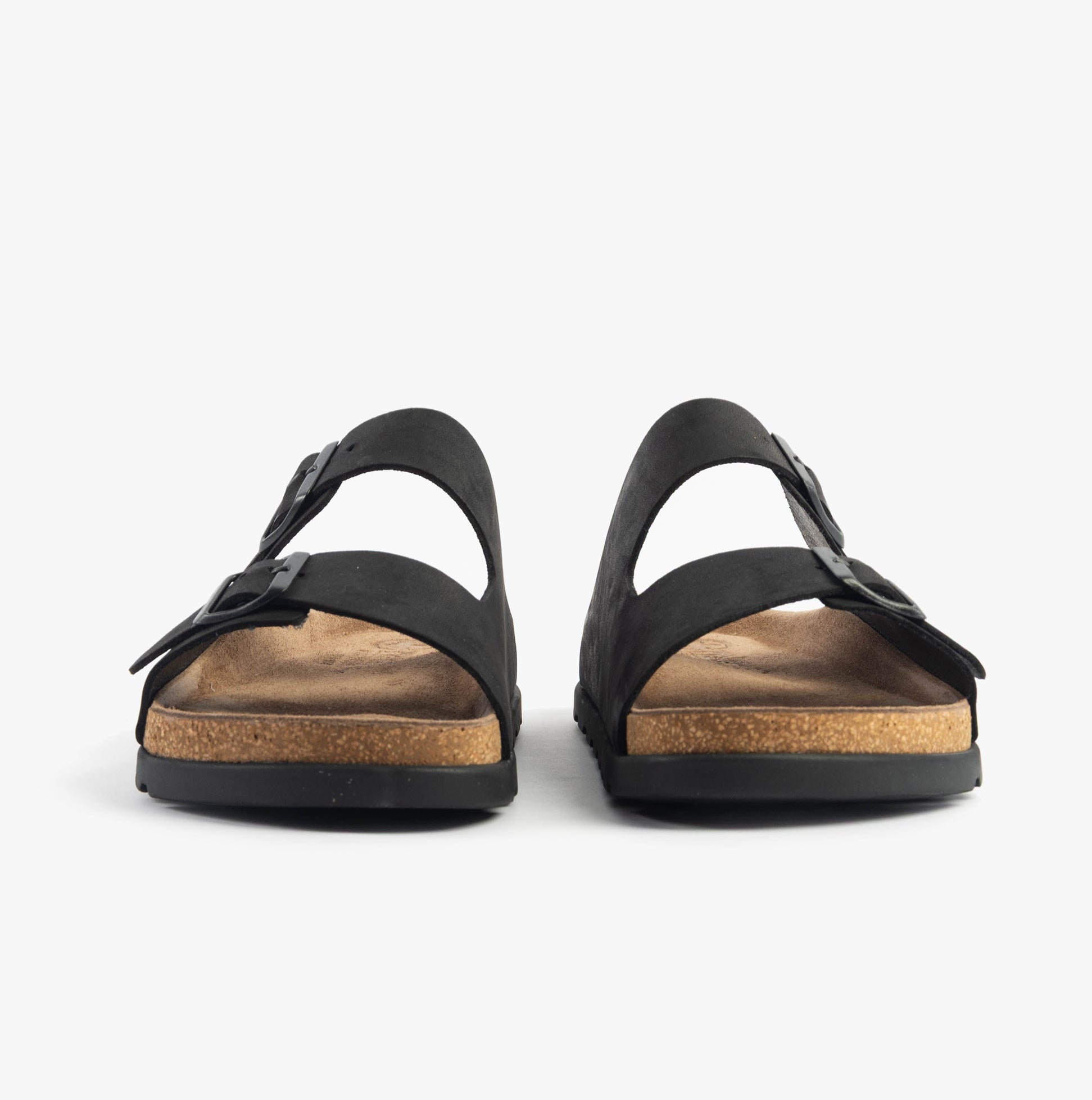 Rieker 21190-00 Mens Sandals Black front view featuring slip-on design and flat heel.