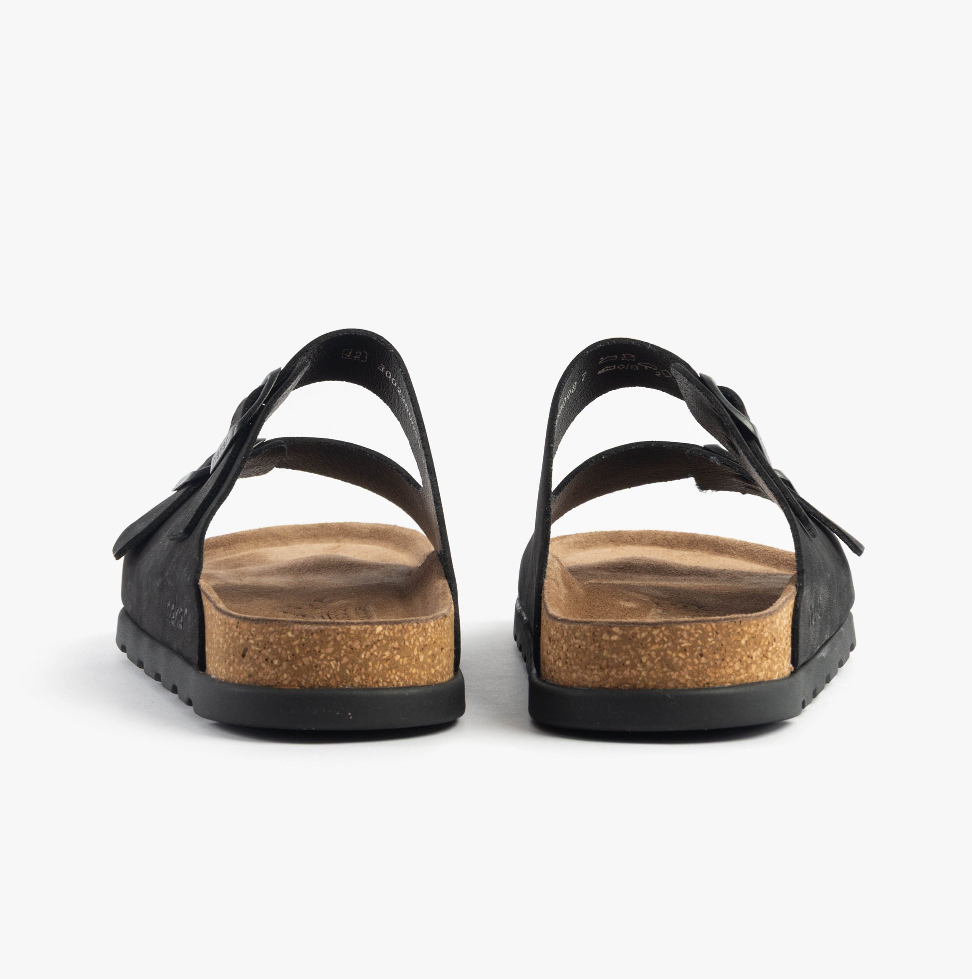 Rieker 21190-00 Mens Sandals Black back view showing leather upper and cork sole, perfect for comfort and breathability.